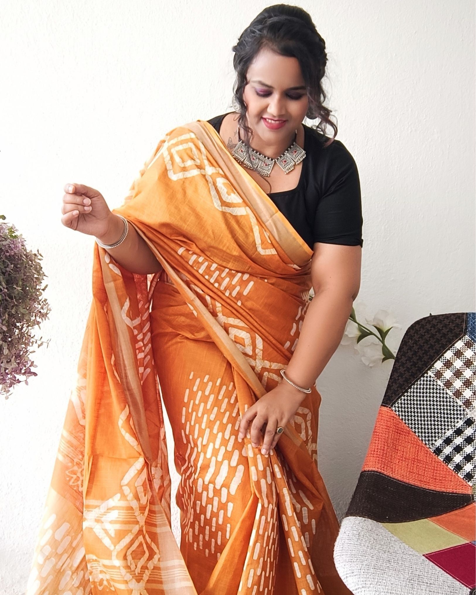 Slub Linen Batik Print Saree Mustard Yellow Color with running blouse-3026