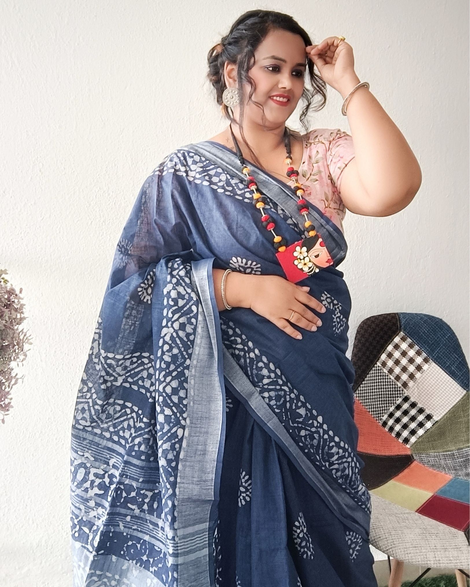 Slub Linen Batik Print Saree Ink Blue Color with running blouse-3022