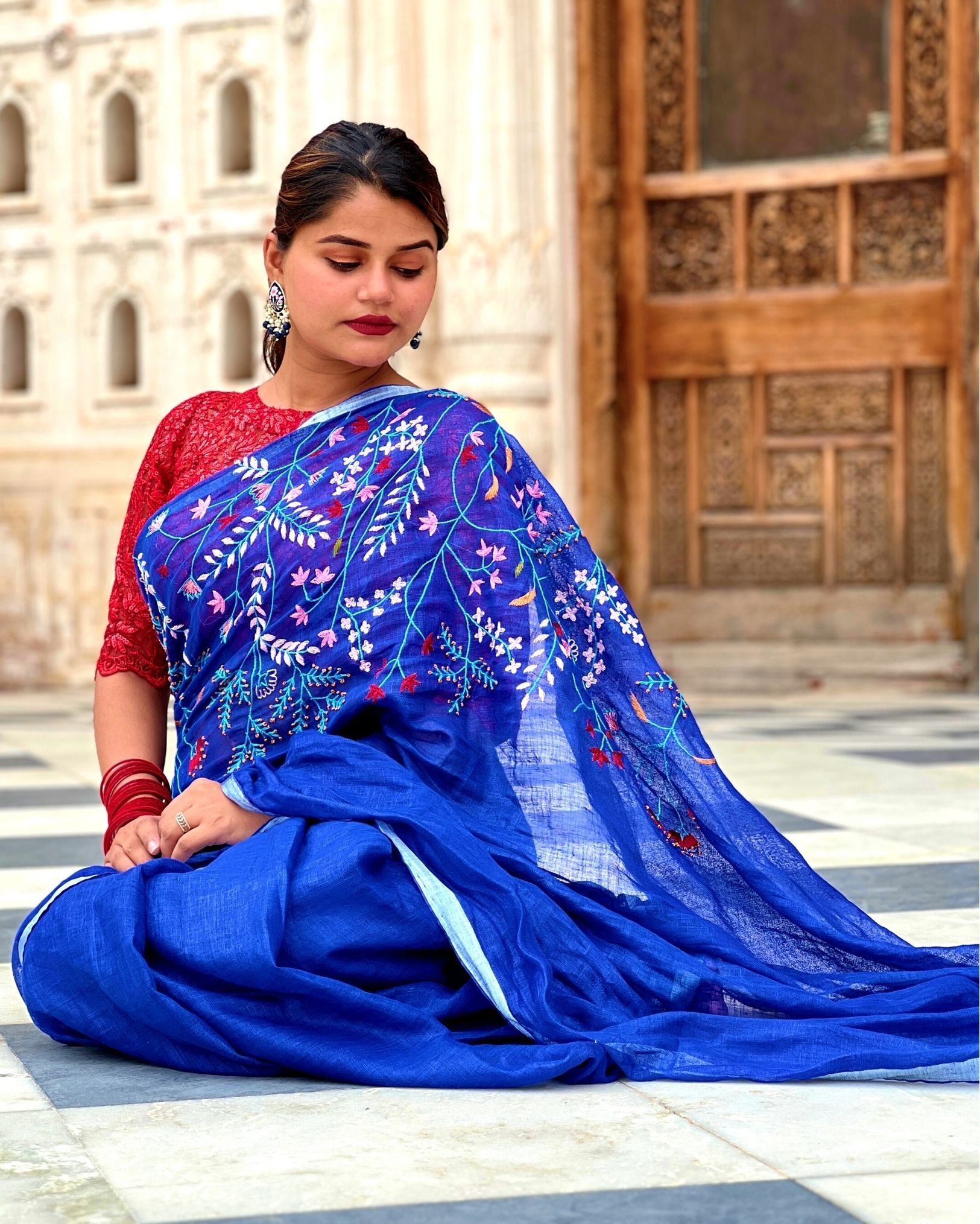 Pure Linen Handloom Saree Blue Color Hand Embroidered with Running Blouse-9412