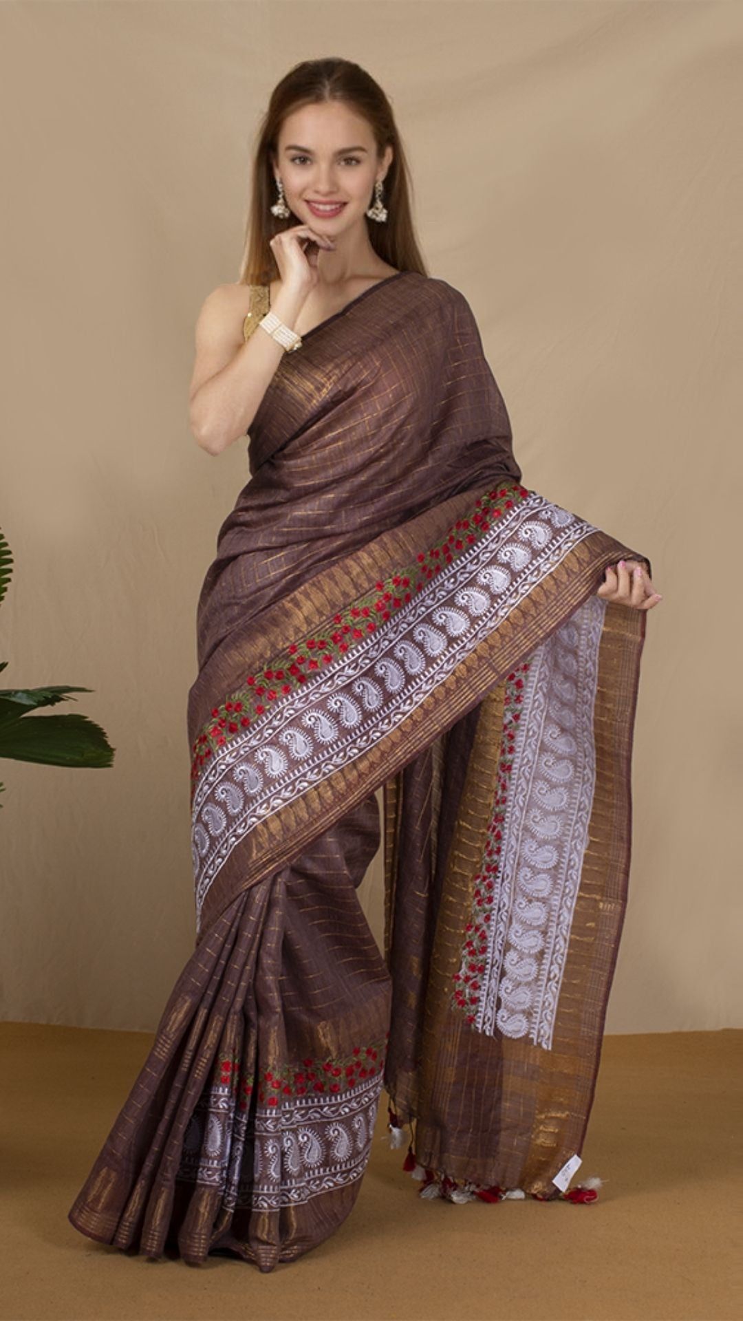 Bansbara Silk Saree Brown Color Zaquard design with Golden Check and Digital Embroidery along running blouse-1110