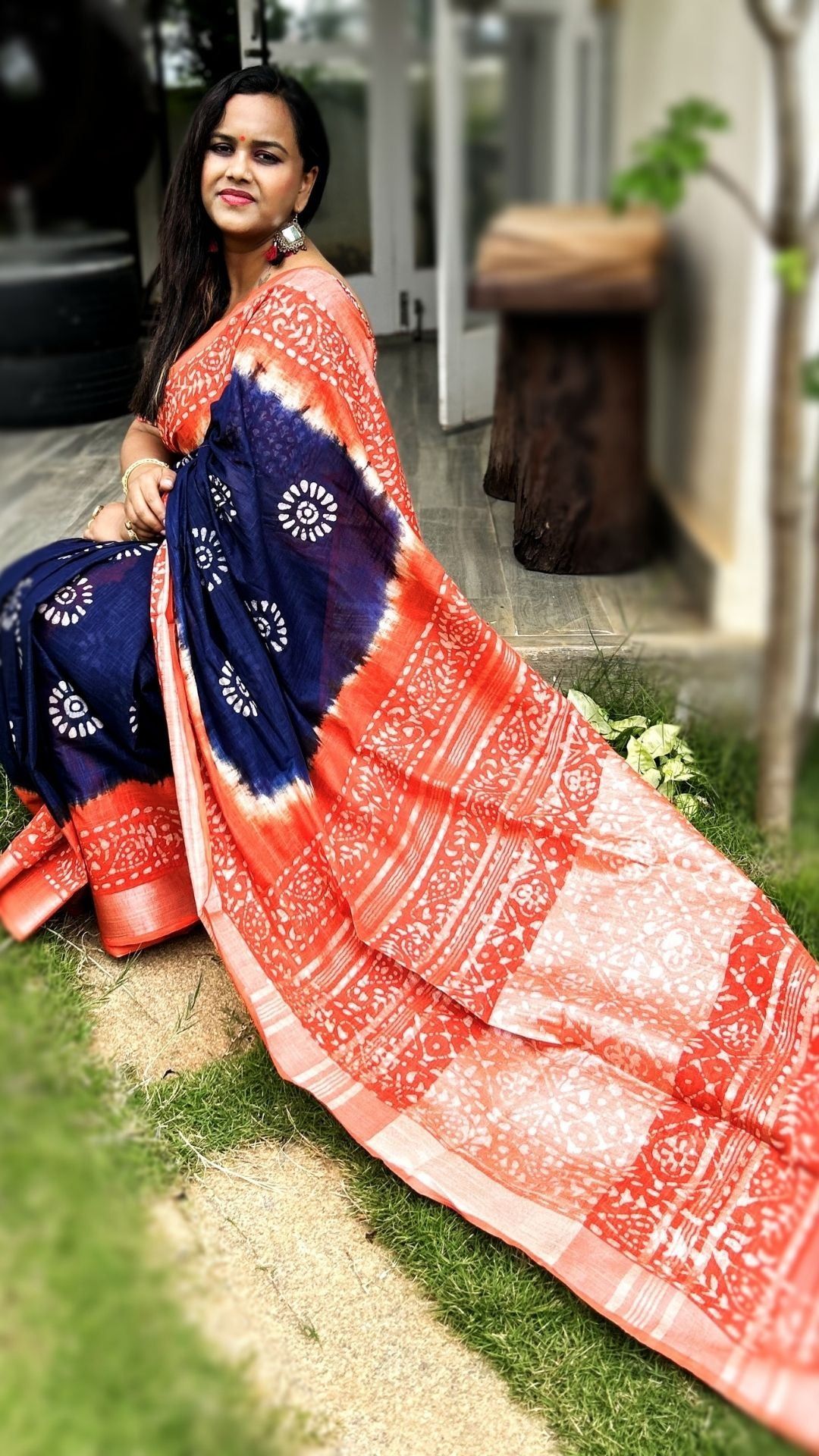 Cotton Linen Batik Print Saree Ink Blue Body Orange Pallu with running blouse-1904