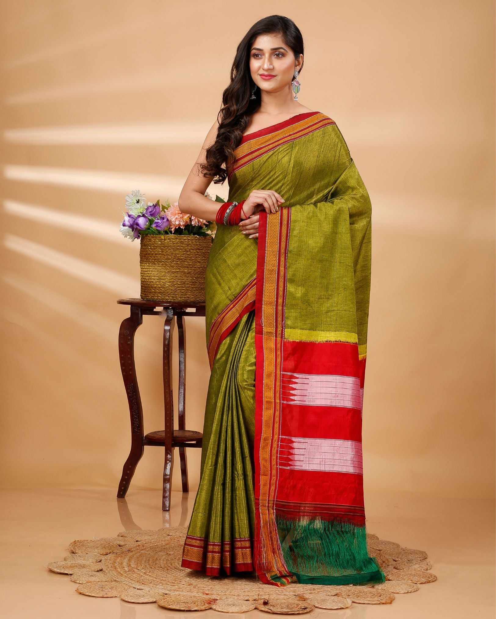 ILKAL Handloom Cotton Silk Saree Olive Green Color with running blouse-4560