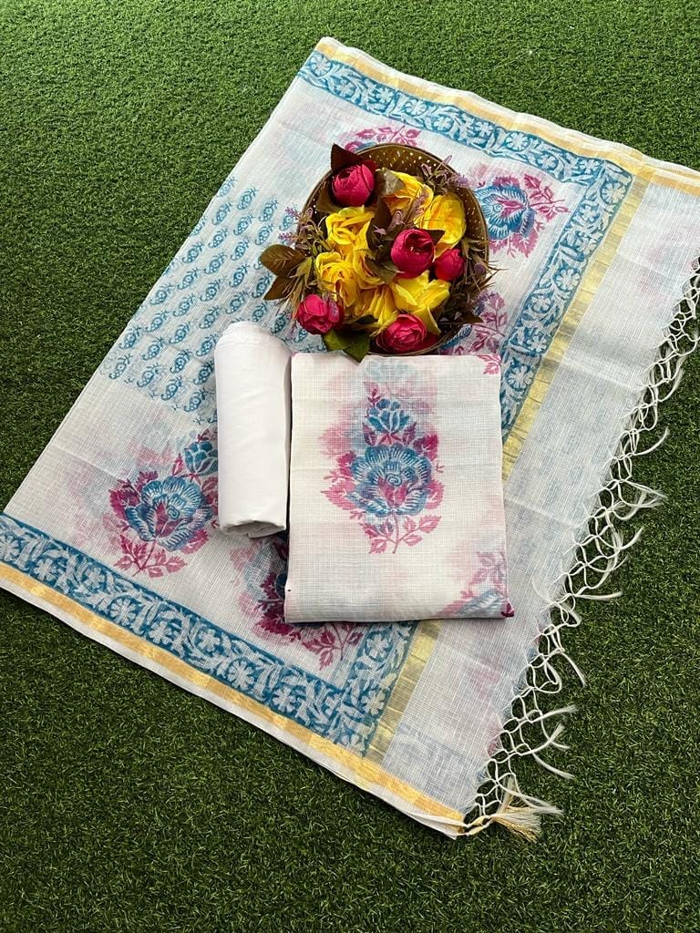 Kota Doria Suit Smart White Color Hand Block Print (Top+Bottom+Dupatta)-6000