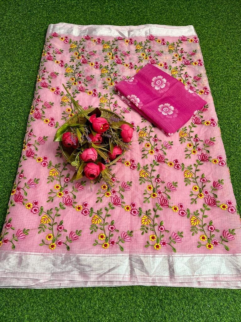 Kota Doria Saree Metallic Pink Color Floral Embroidered with Blouse Piece-8008