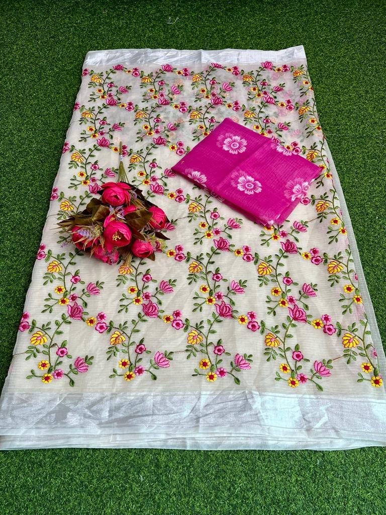 Kota Doria Saree Pastel Grey Color Floral Embroidered with Blouse Piece-9698