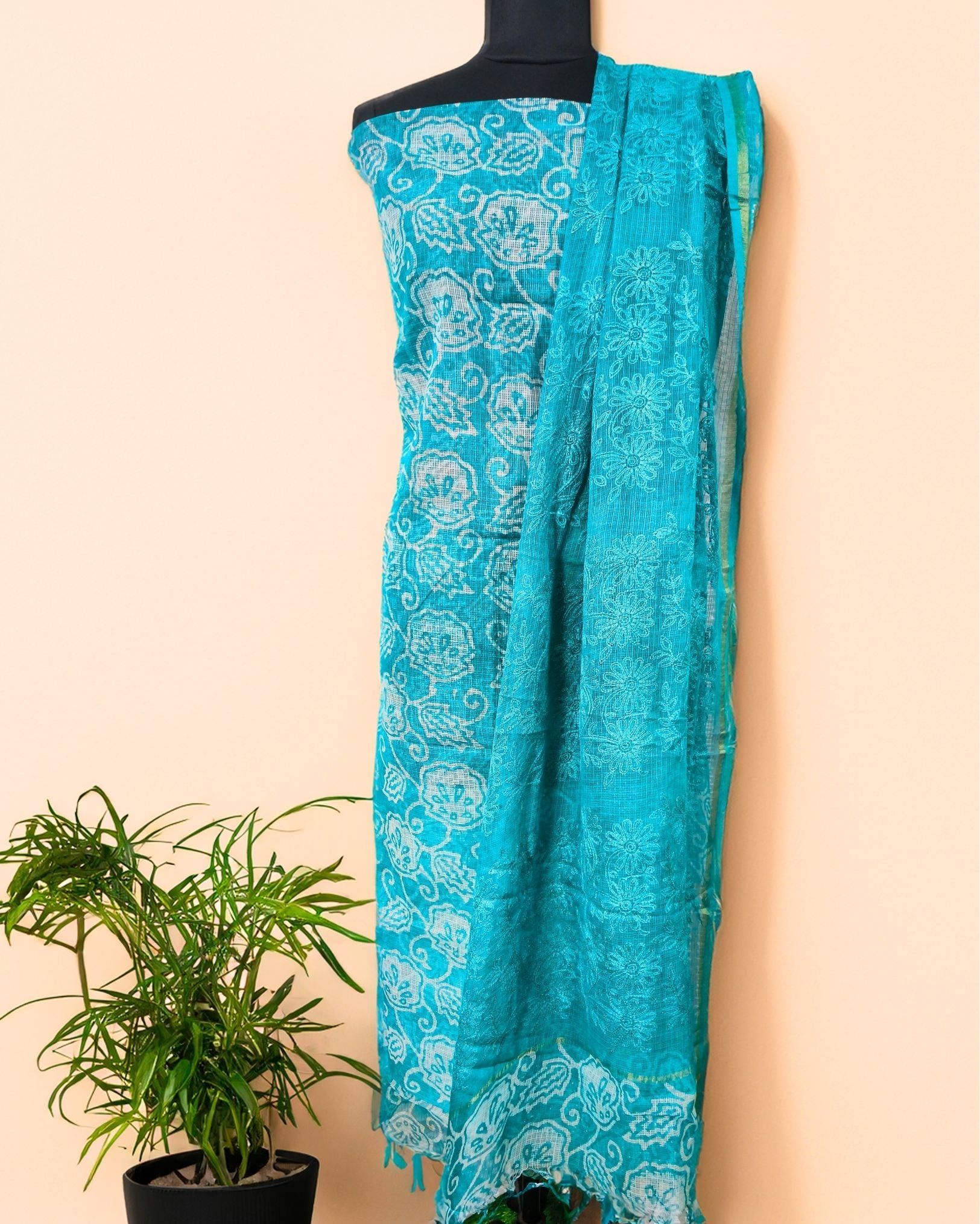 Pure Cotton Kota Doria Suit (Top+Bottom+Dupatta) Teal Green Color with heavy embroidered Dupatta-4129
