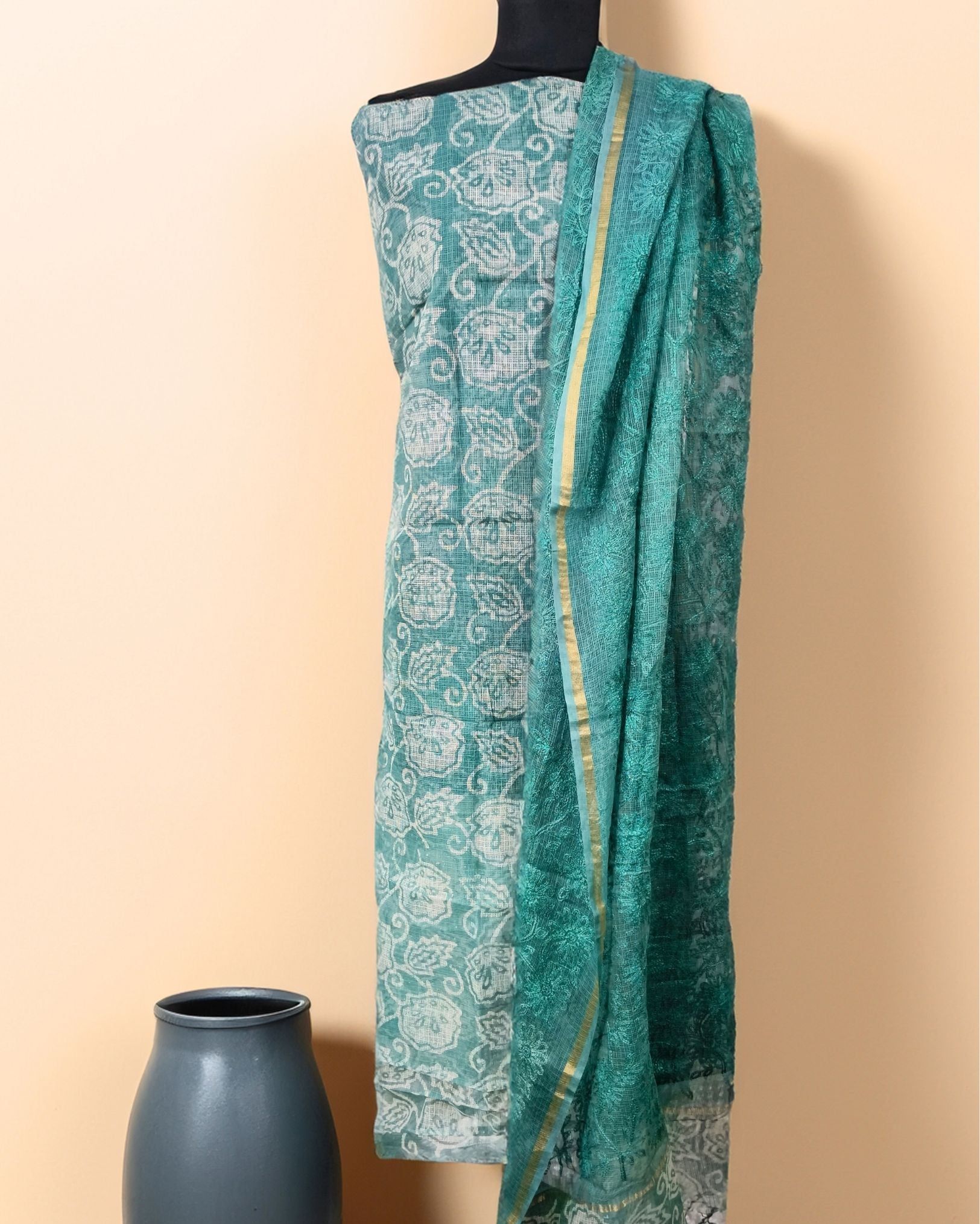 Pure Cotton Kota Doria Suit (Top+Bottom+Dupatta) Sea Green Color with heavy embroidered Dupatta-6692