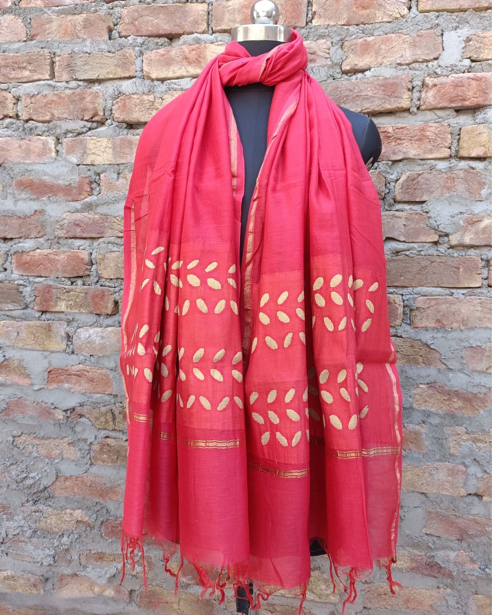 Chanderi Silk Dupatta Rose Pink Color Applique Work-5302