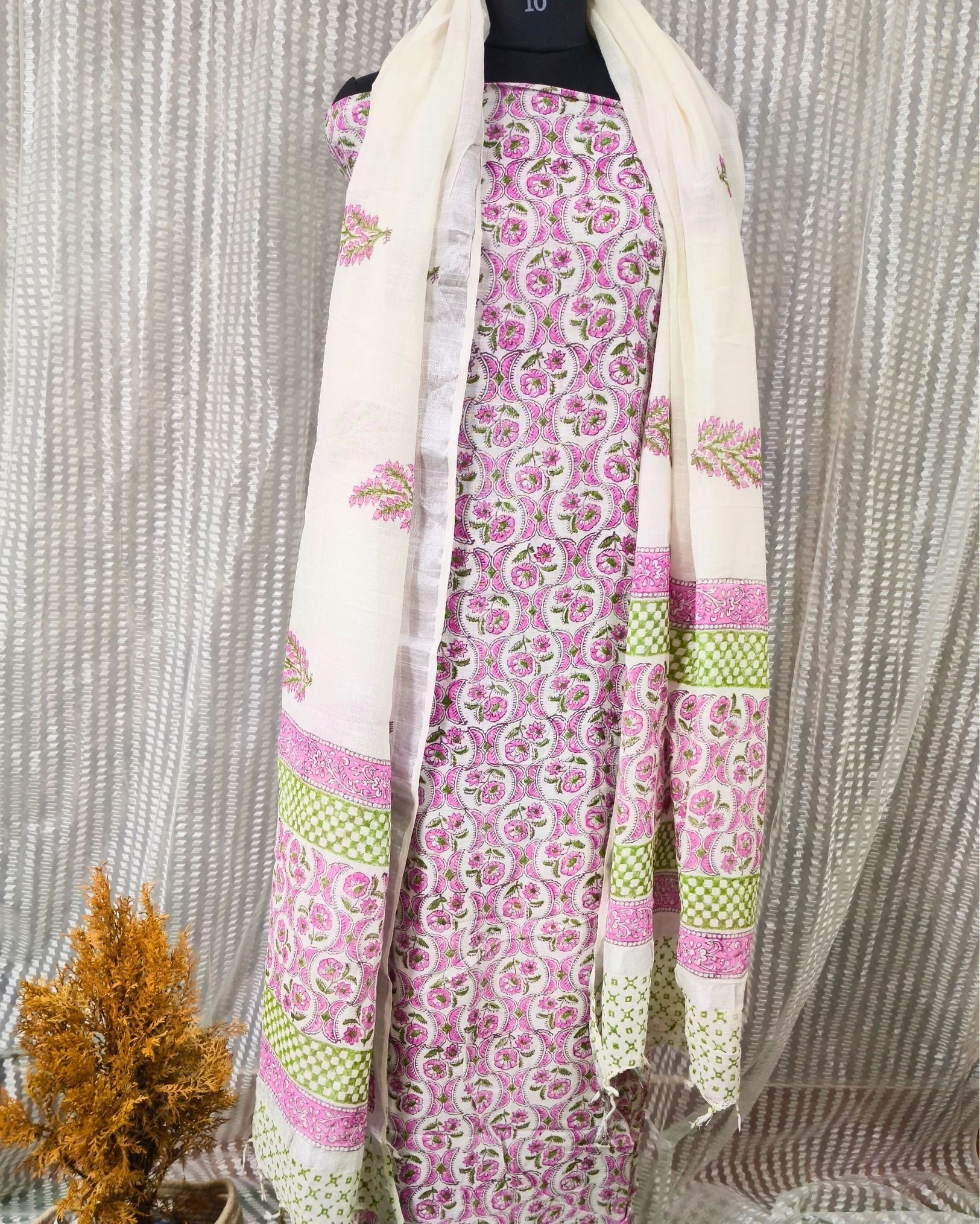 Linen Suit Set Off White Color with Cotton Bottom, Linen Top and Dupatta Handblock Printed-4954