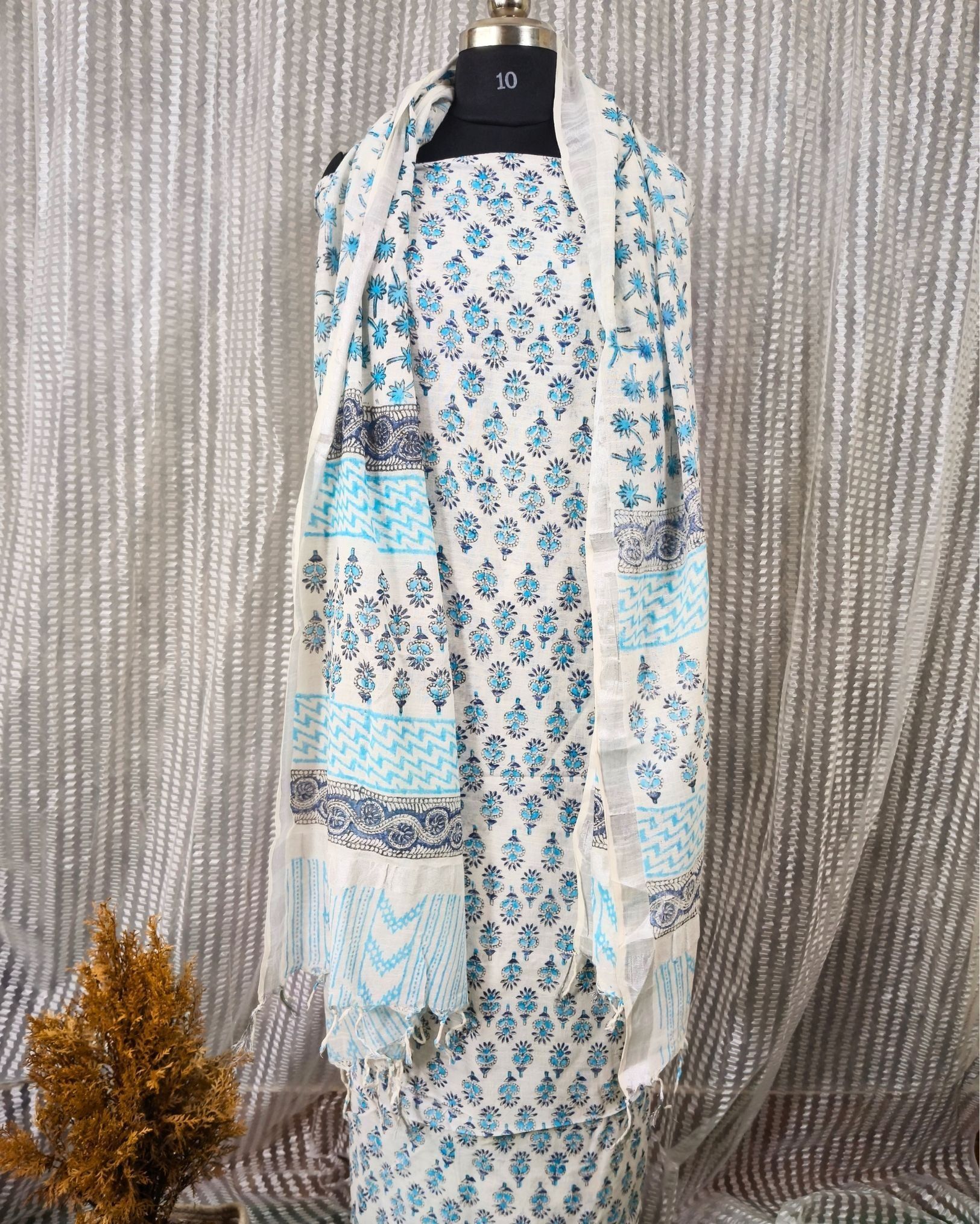Linen Suit Set White Color with Cotton Bottom, Linen Top and Dupatta Handblock Printed-3602