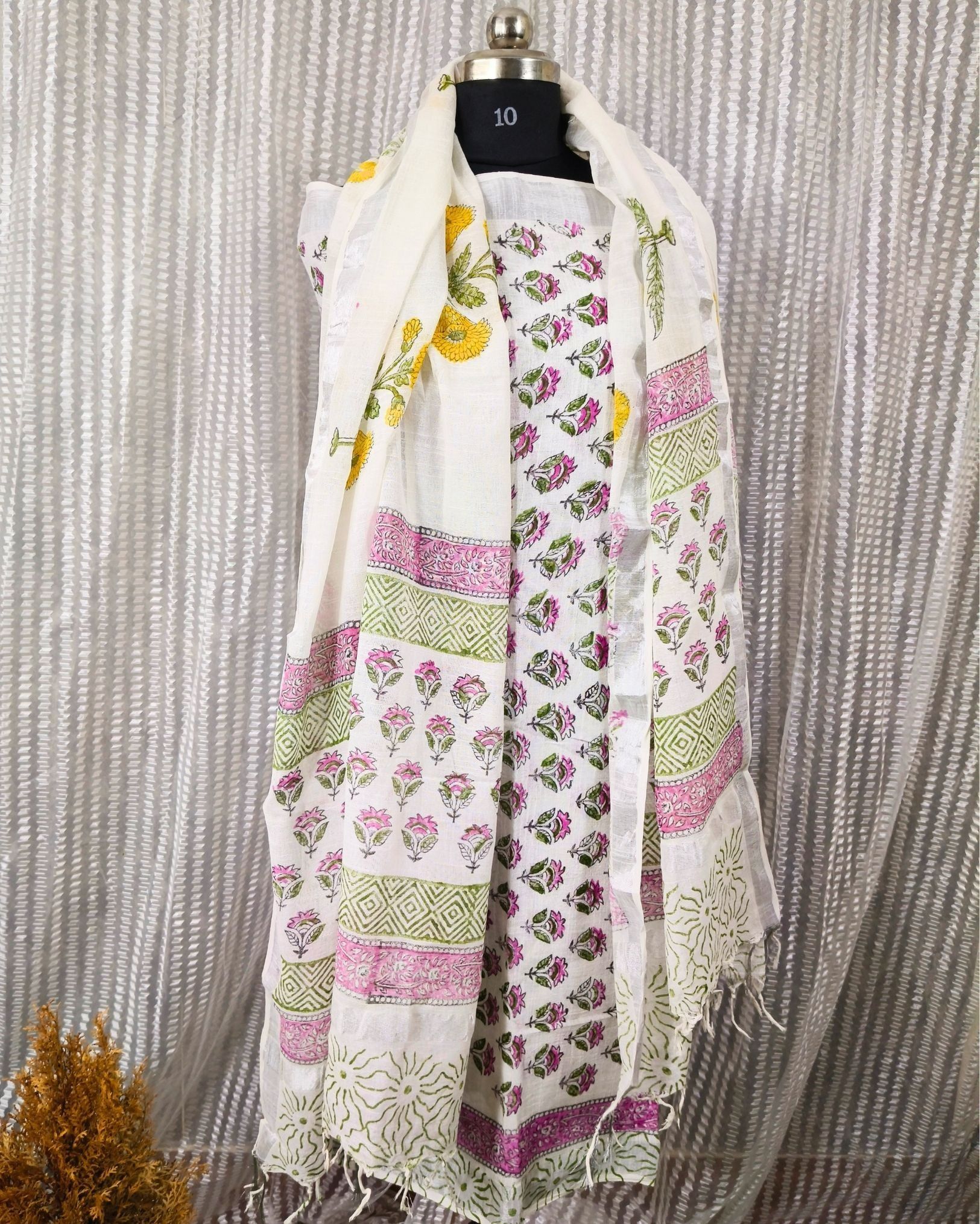 Linen Suit Set White Color with Cotton Bottom, Linen Top and Dupatta Handblock Printed-3423