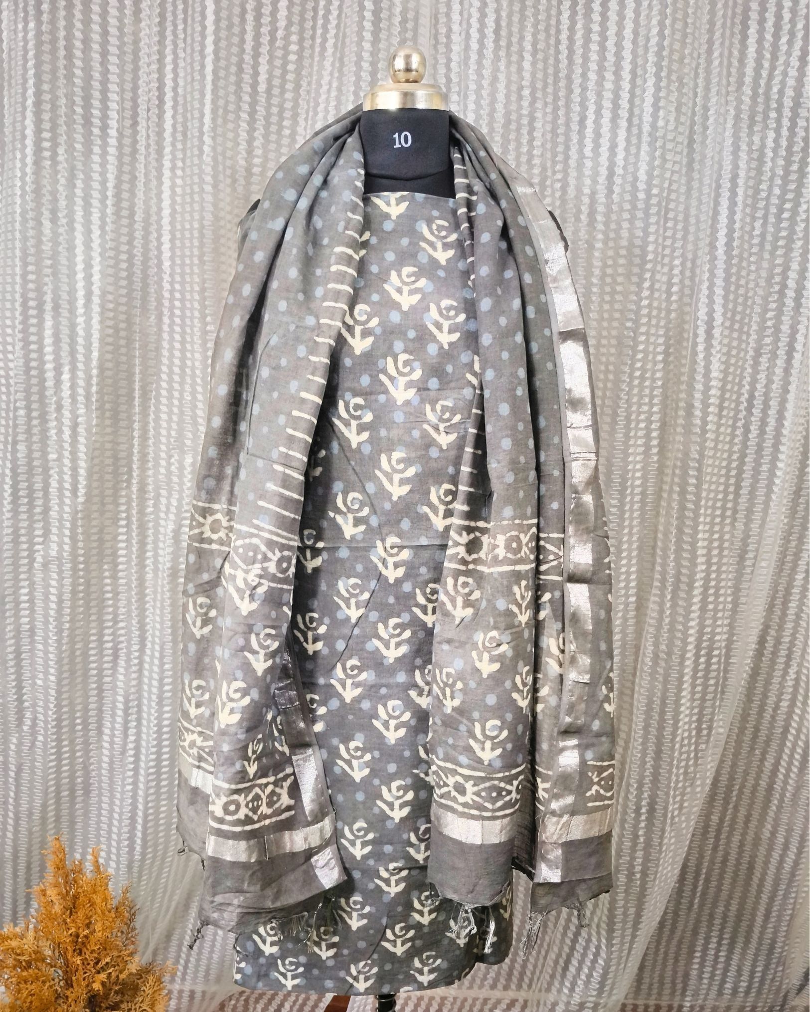 Linen Suit Set Light Grey Color with Cotton Bottom, Linen Top and Dupatta Handblock Printed-6429