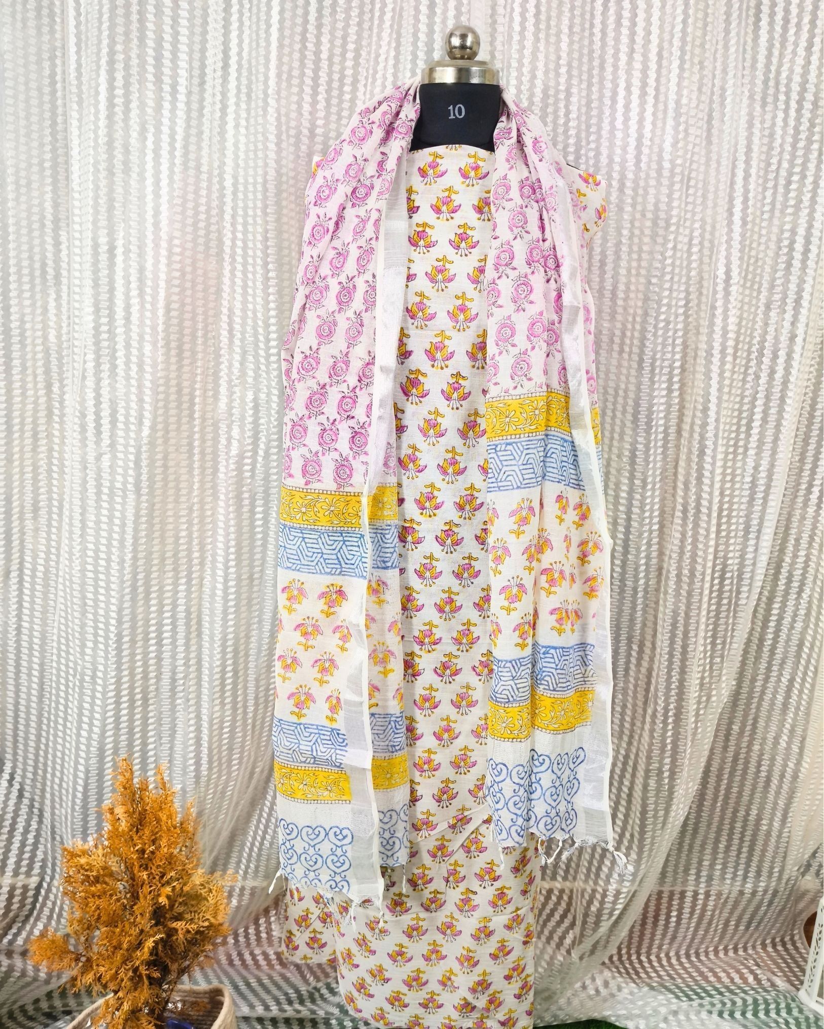 Linen Suit Set Off White Color with Cotton Bottom, Linen Top and Dupatta Handblock Printed-2908