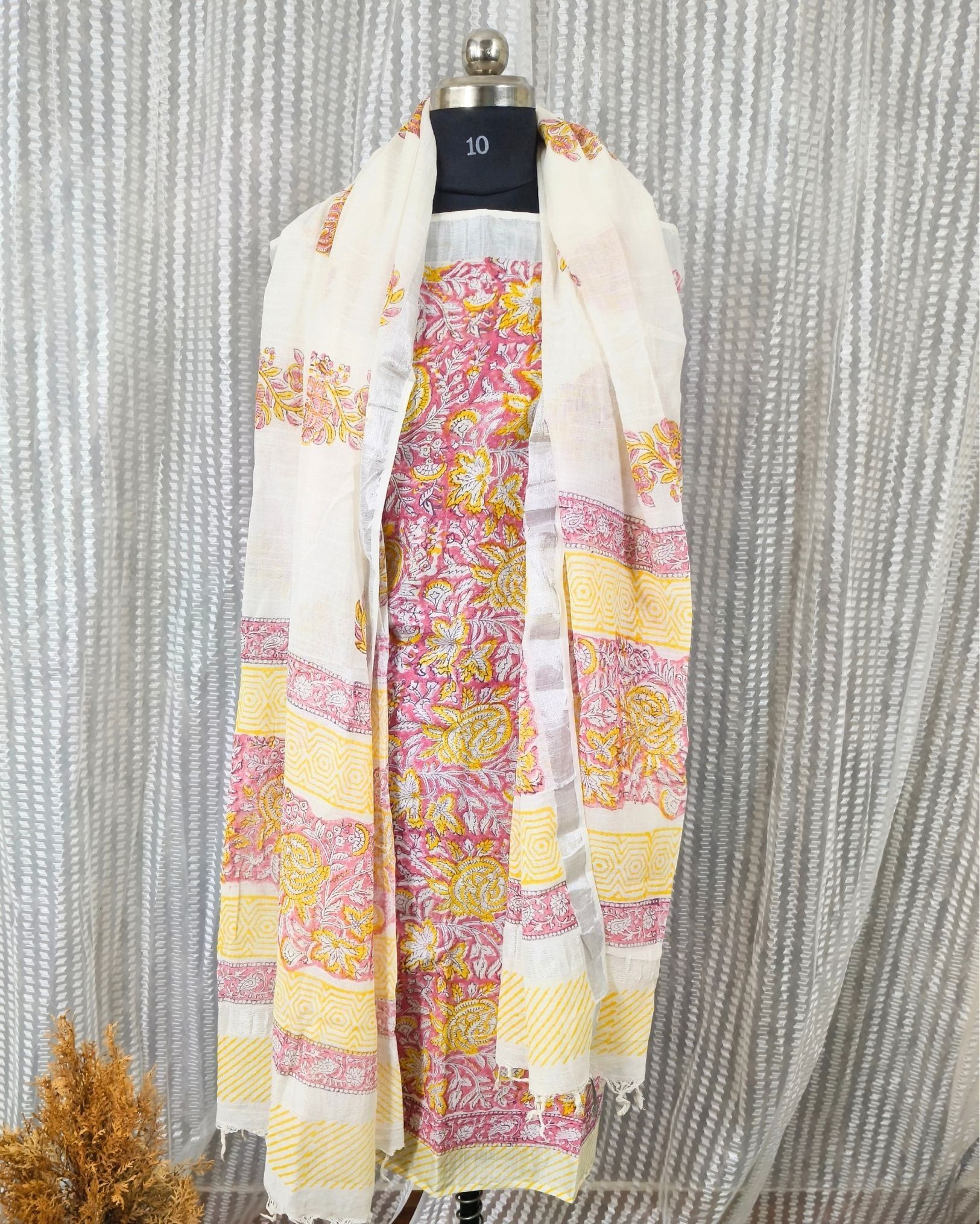 Linen Suit Set Dark Rose Pink & White Color with Cotton Bottom, Linen Top and Dupatta Handblock Printed-2314