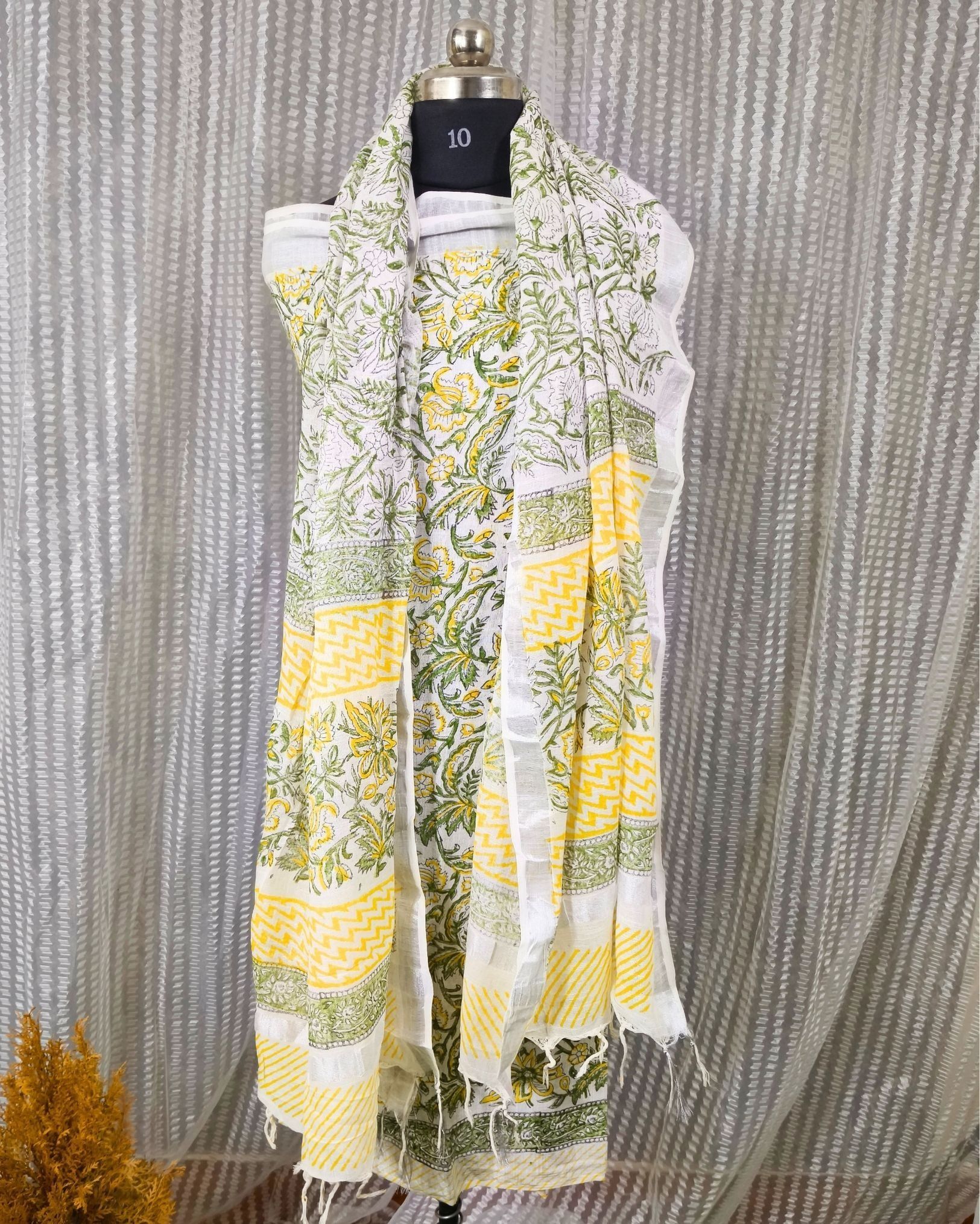 Linen Suit Set Off White Color with Cotton Bottom, Linen Top and Dupatta Handblock Printed-6132
