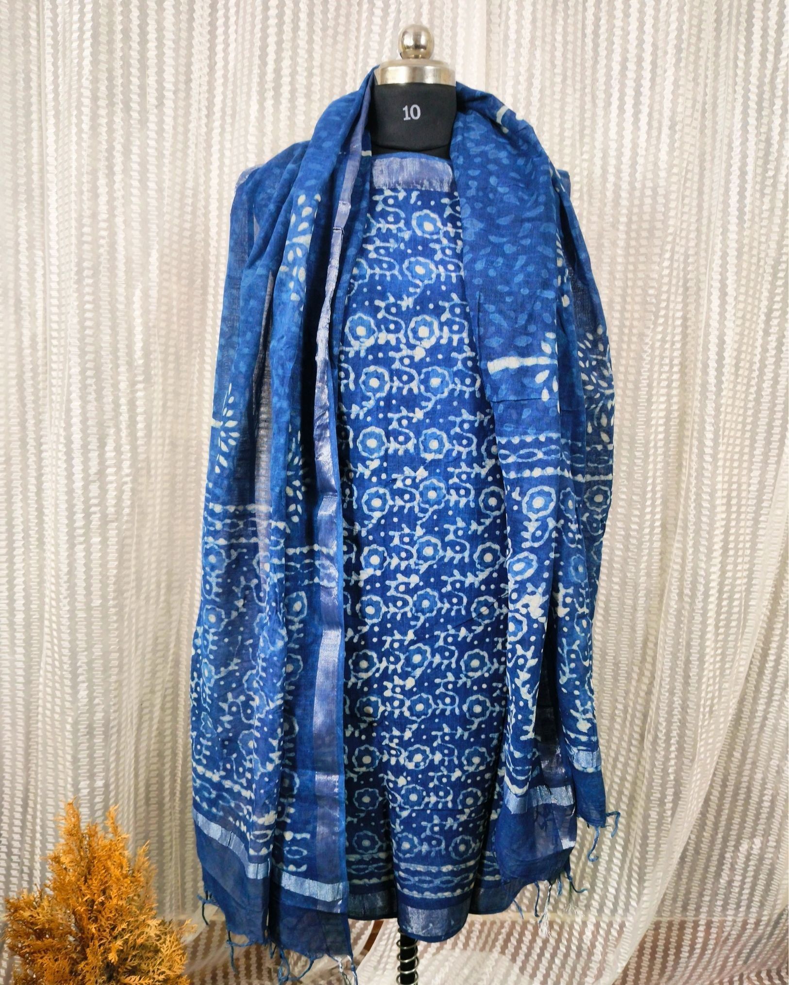Linen Suit Set Royal Blue Color with Cotton Bottom, Linen Top and Dupatta Handblock Printed-9878