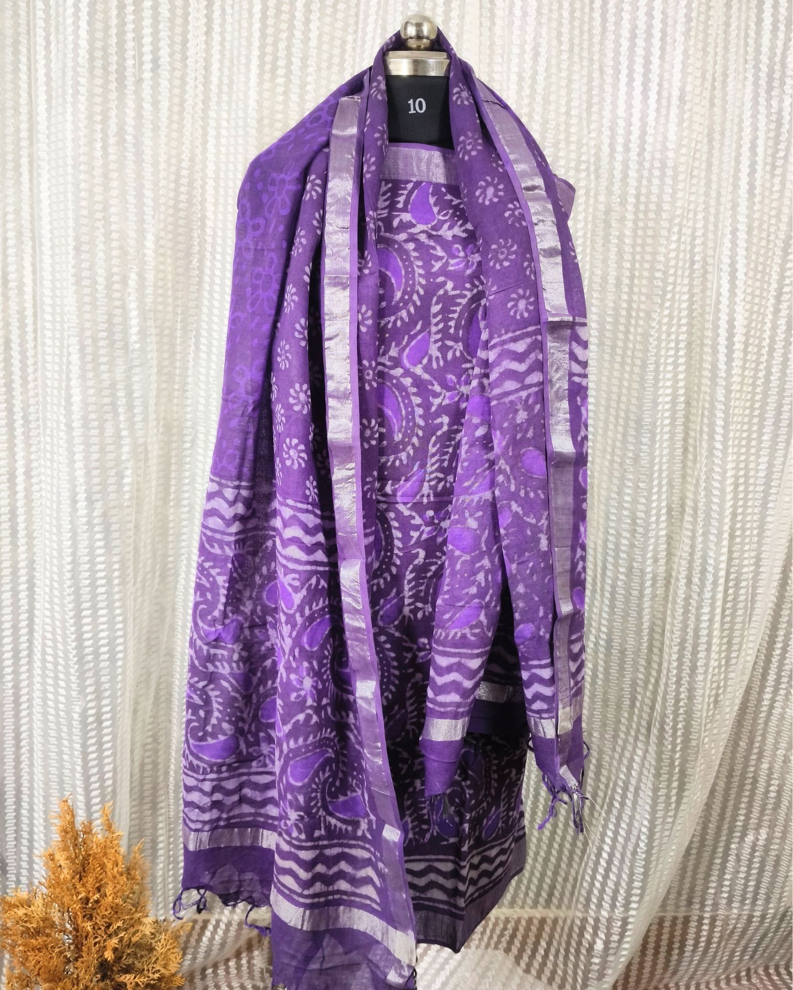 Linen Suit Set Dark Lavendar Color with Cotton Bottom, Linen Top and Dupatta Handblock Printed-3534