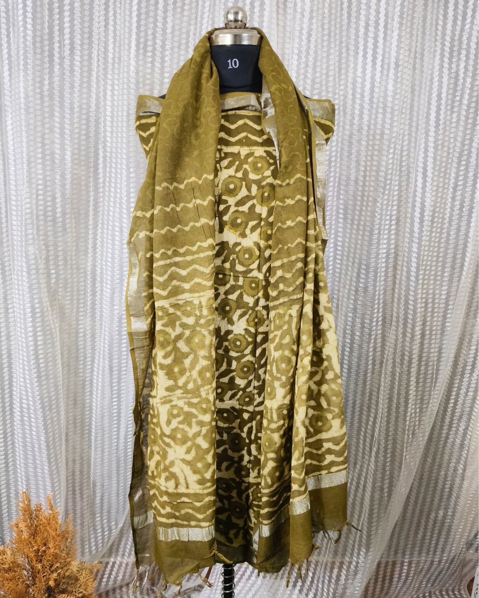 Linen Suit Set Pale Beige & Olive Green Color with Cotton Bottom, Linen Top and Dupatta Handblock Printed-5614