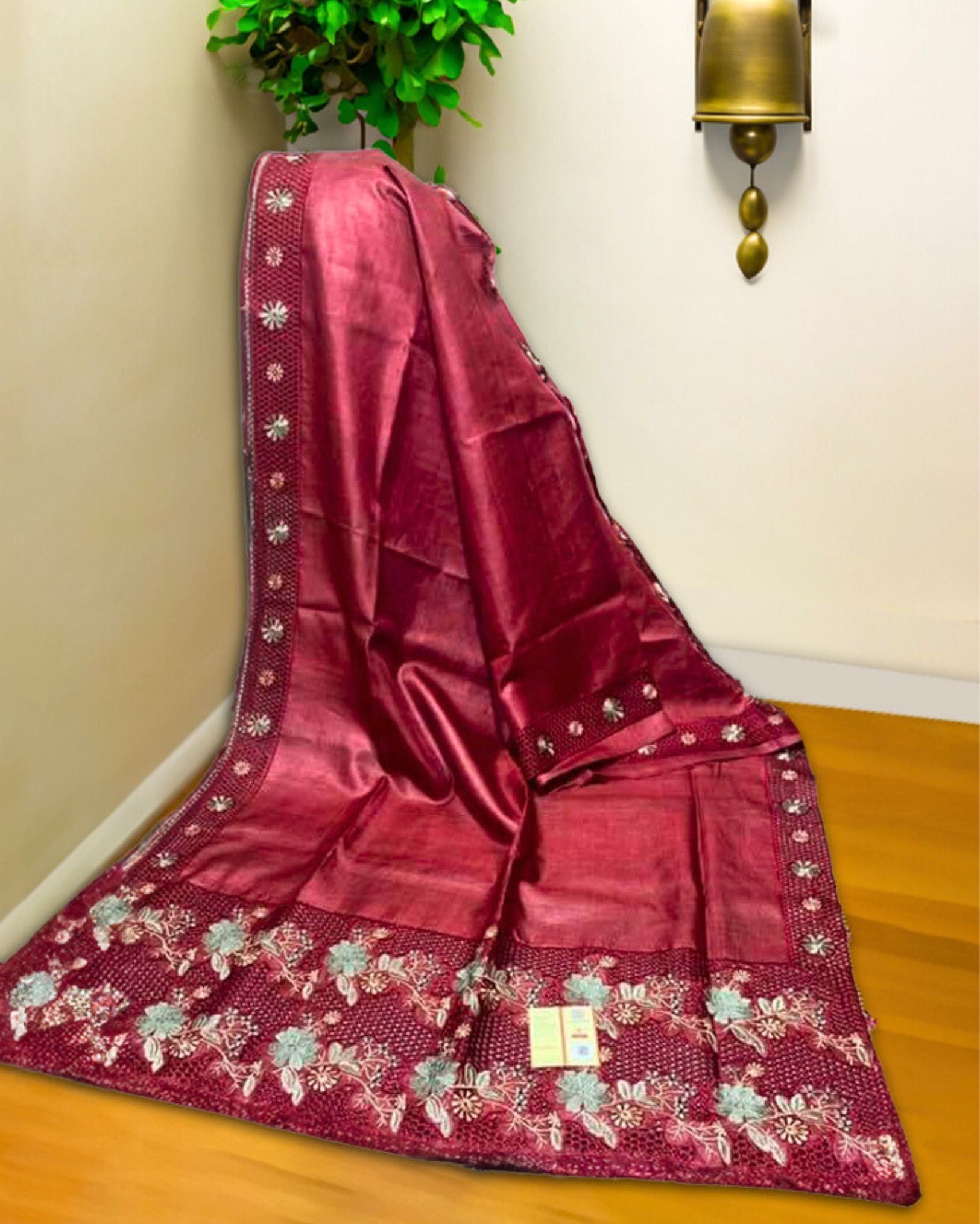 Silkmark Certified Pure Tussar Silk Saree Dark Red Color Hand Embroidery with Hand Cutwork and running blouse-8162