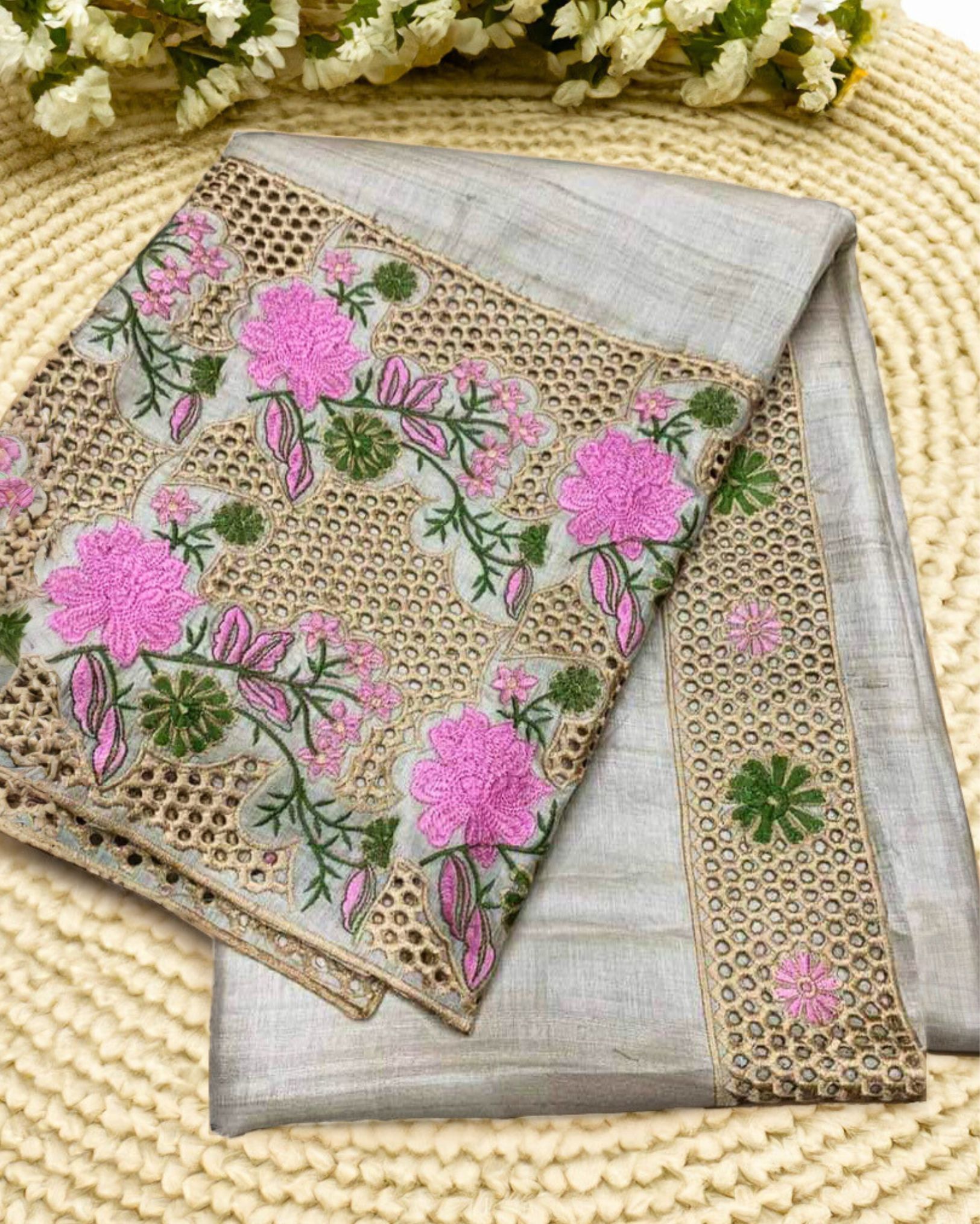 Silkmark Certified Pure Tussar Silk Saree Light Grey Color Hand Embroidery with Hand Cutwork and running blouse-4999