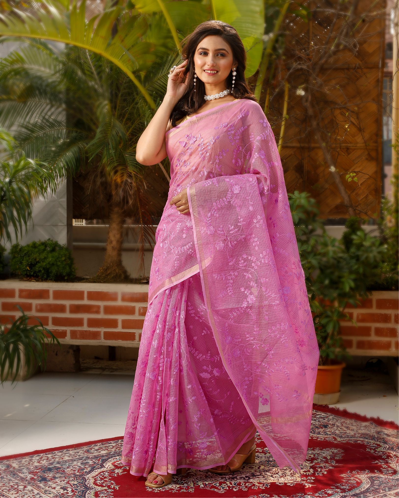 Pure Cotton Kota Doria Saree Rose Pink Color Jaal Embroidery with running blouse-4584