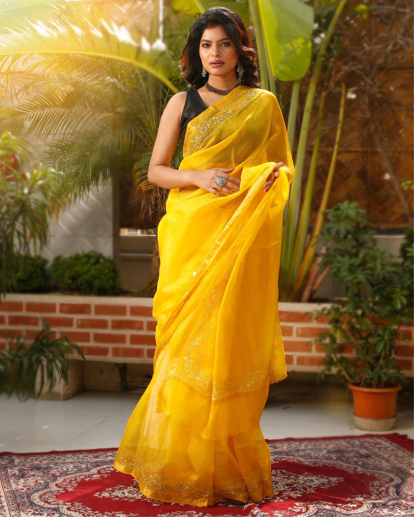 Pure Silk Kota Doria Saree Banana Yellow Color allover Hand Pitta work with running blouse-4057