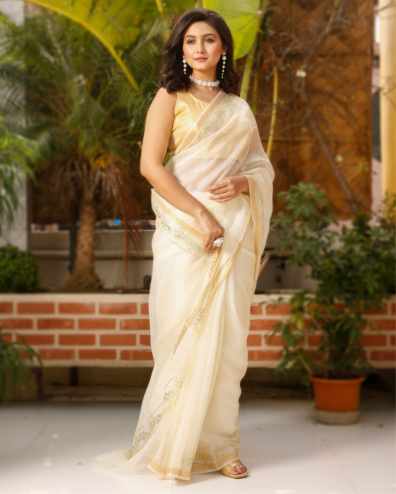 Pure Silk Kota Doria Saree Beige Color allover Hand Pitta work with running blouse-6373