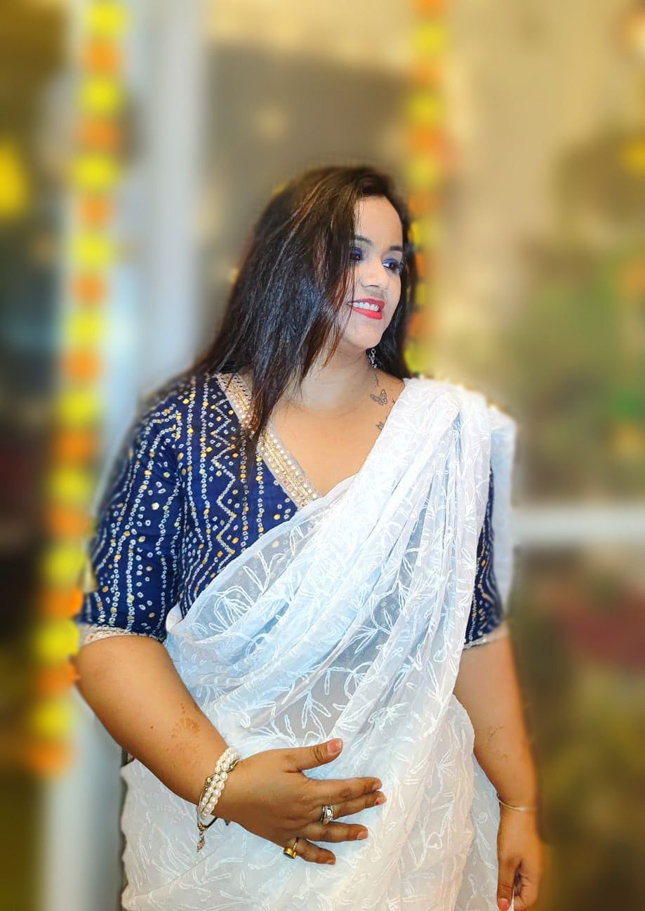 Georgette Handcrafted Tepchi work Saree White Color with Running Blouse-6582