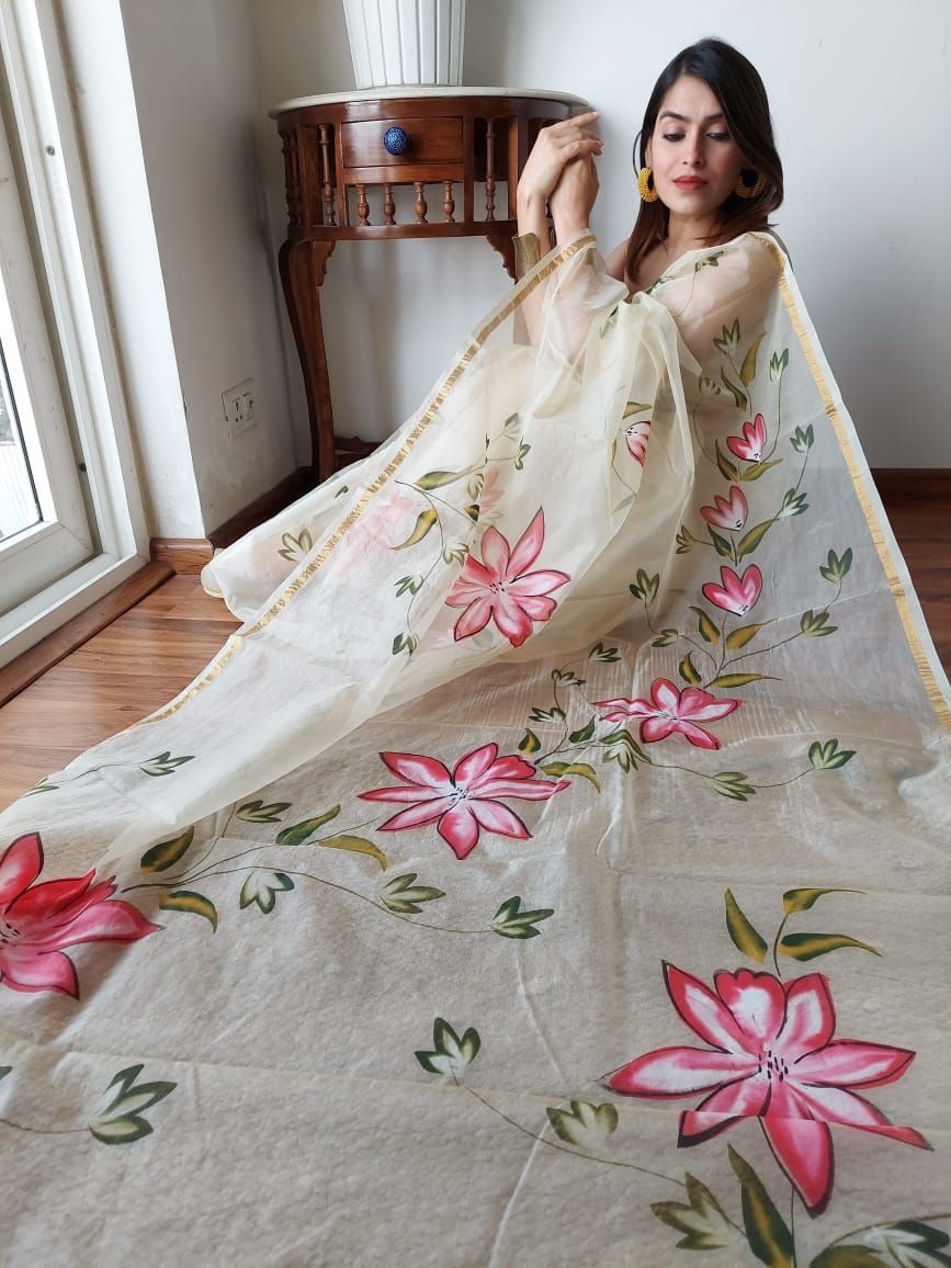Organza Silk Saree Light Beige Color Hand Painted with running blouse-1032