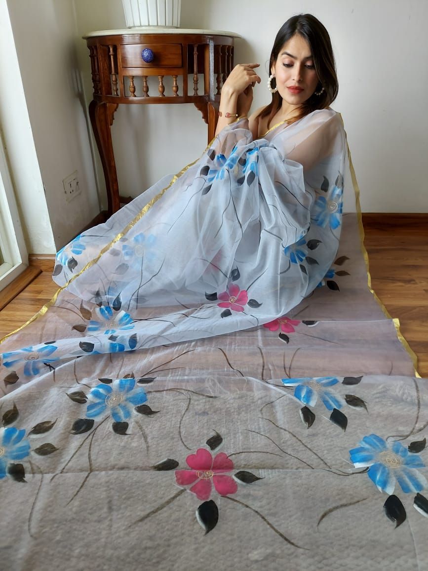 Organza Silk Saree Pastel Blue Color Hand Painted with running blouse-5344