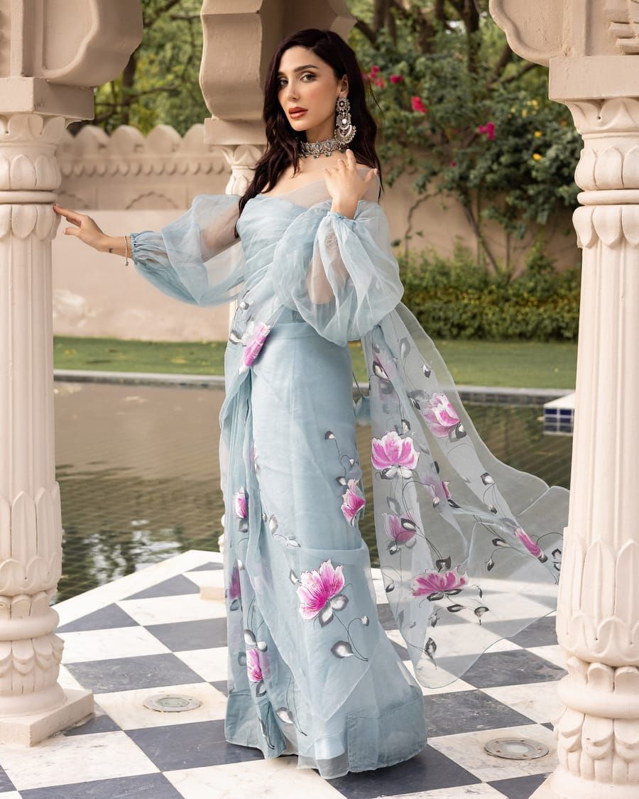 Organza Silk Saree Lavendar Grey Color Hand Painted with running blouse-8279