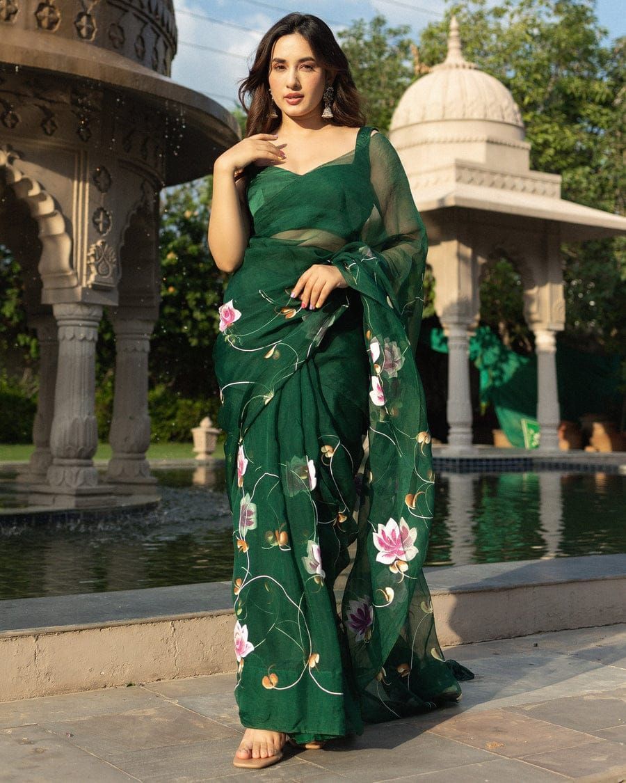 Organza Silk Saree Moss Green Color Hand Painted with running blouse-9068