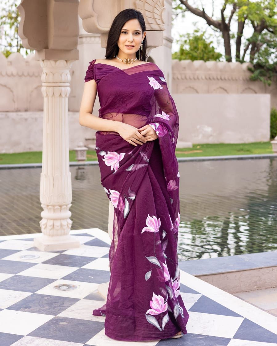 Organza Silk Saree Magenta Purple Color Hand Painted with running blouse-8482