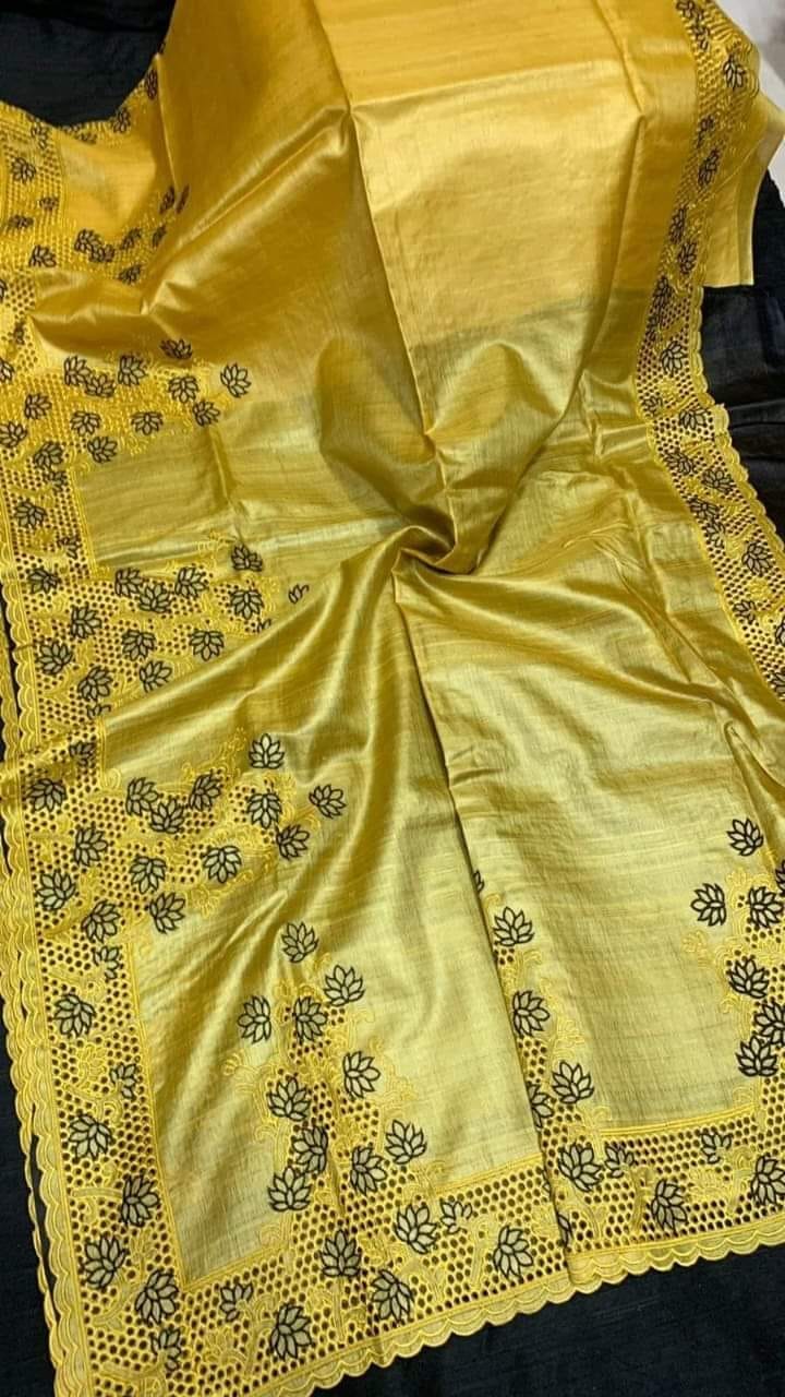 Silkmark Certified Pure Tussar Hand Cutwork Yellow Color Saree (Tussar by Tussar Fabric)-3336