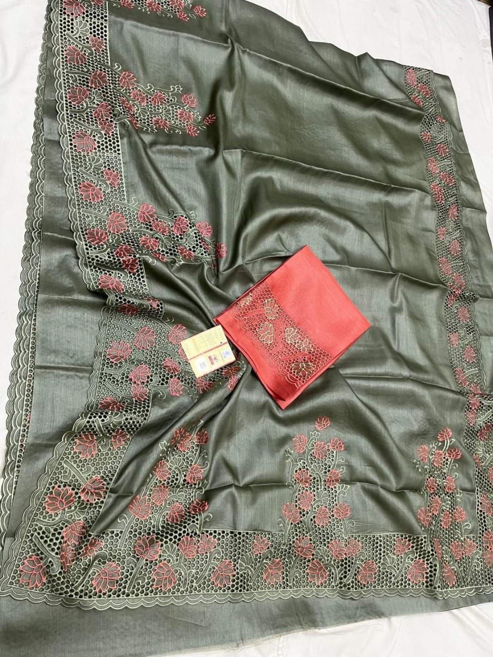 Silkmark Certified Pure Tussar Hand Cutwork Dark Grey Color Saree (Tussar by Tussar Fabric)-6155