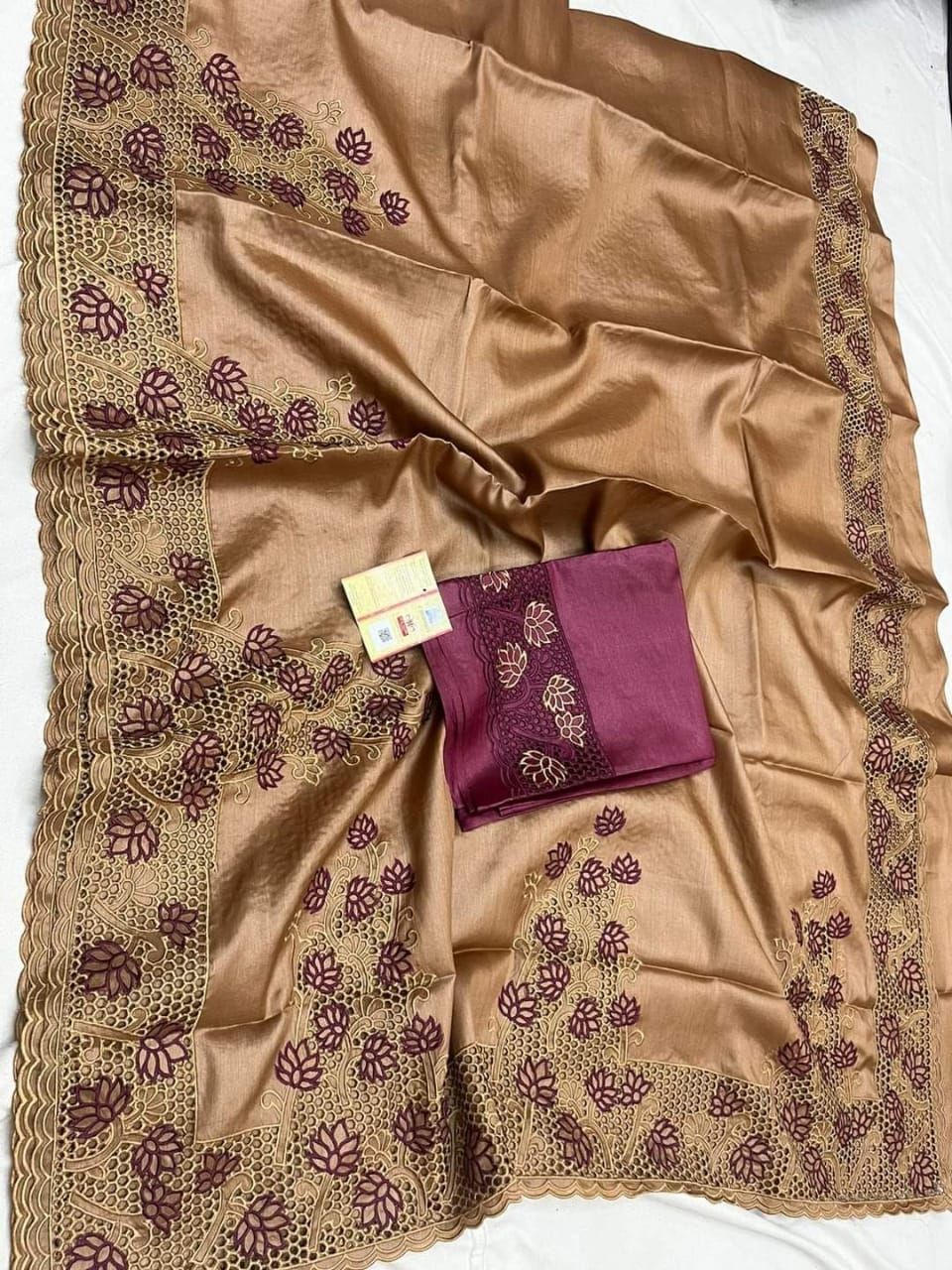 Silkmark Certified Pure Tussar Hand Cutwork Brown Color Saree (Tussar by Tussar Fabric)-6507