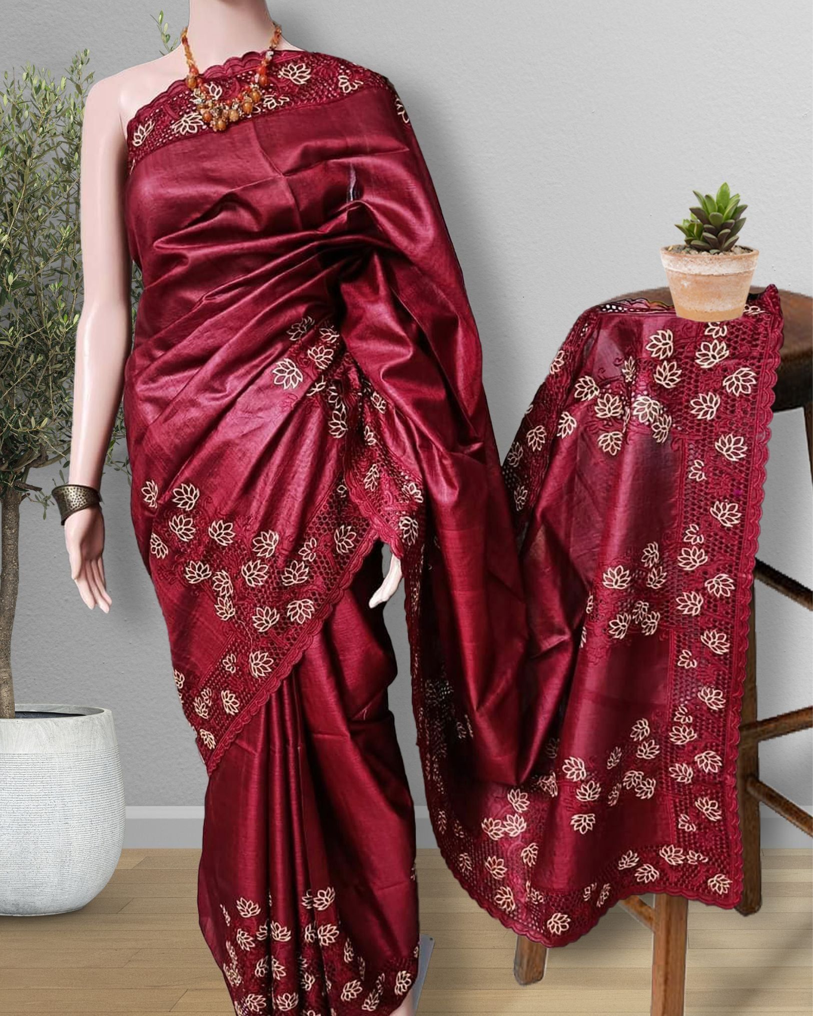 Silkmark Certified Pure Tussar Hand Cutwork Red Color Saree (Tussar by Tussar Fabric)-3970