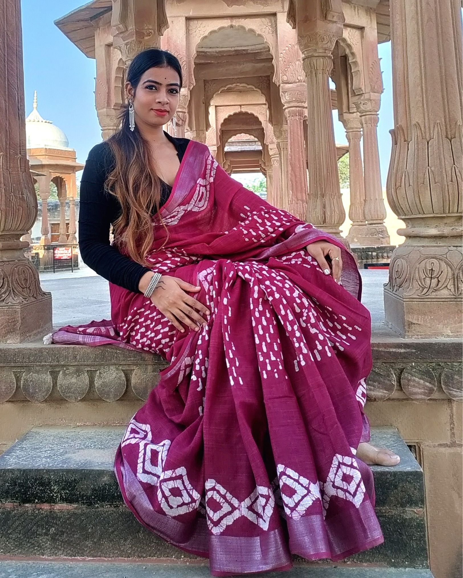 Cotton Linen Batik Print Saree Dark Red Color with running blouse-6173