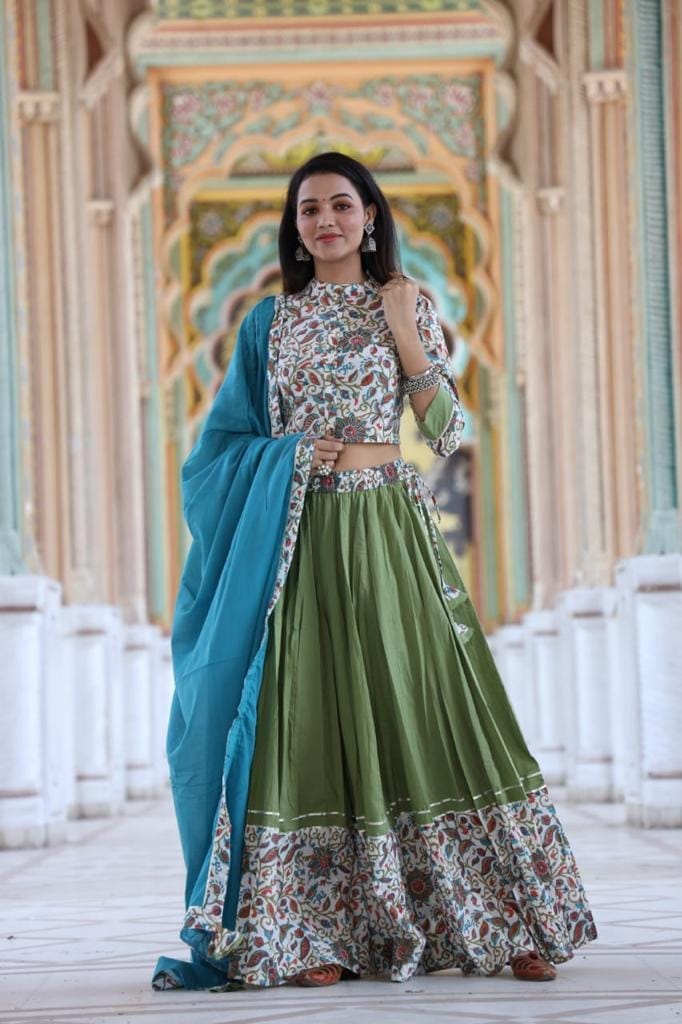 Handblock Printed Cotton Lehanga And Top With Mulmul Dupatta Green and Blue Color-8014