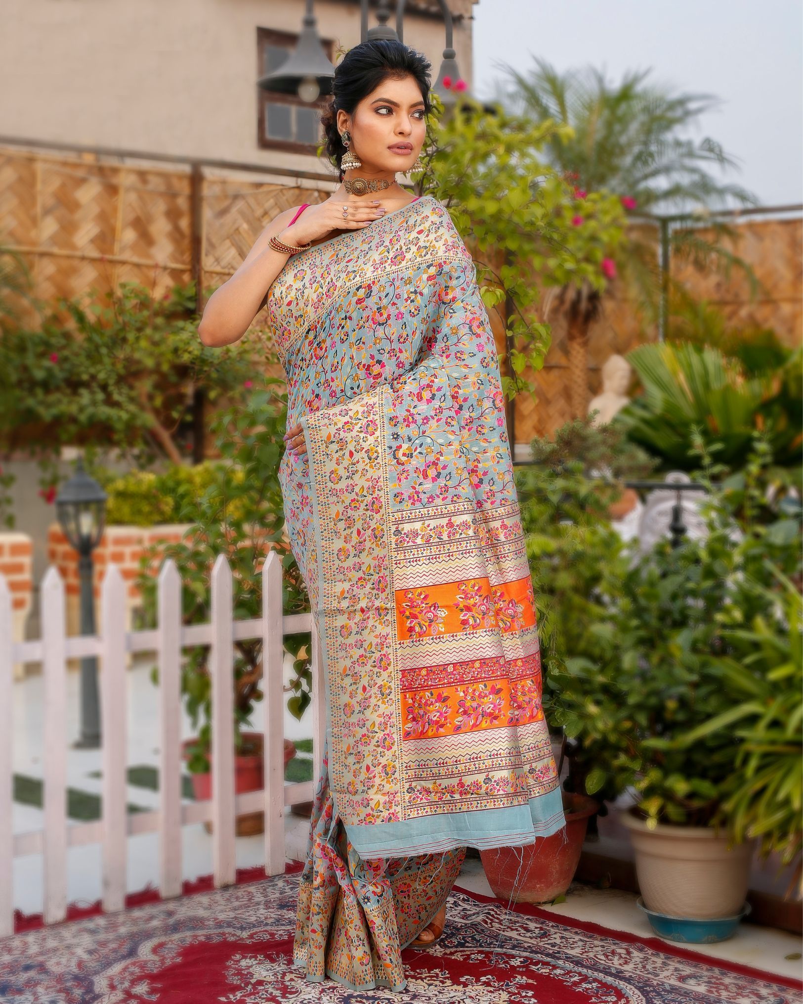 Banarasi Silk Saree Blue & Multi Color with contrast pallu and blouse-7066