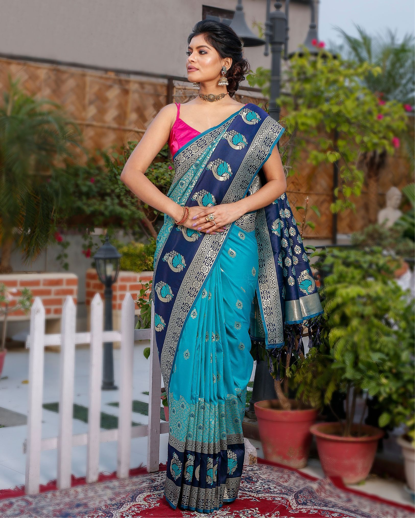 Banarasi Silk Saree Cyan Blue Color with Navy Blue Pallu and blouse-9807