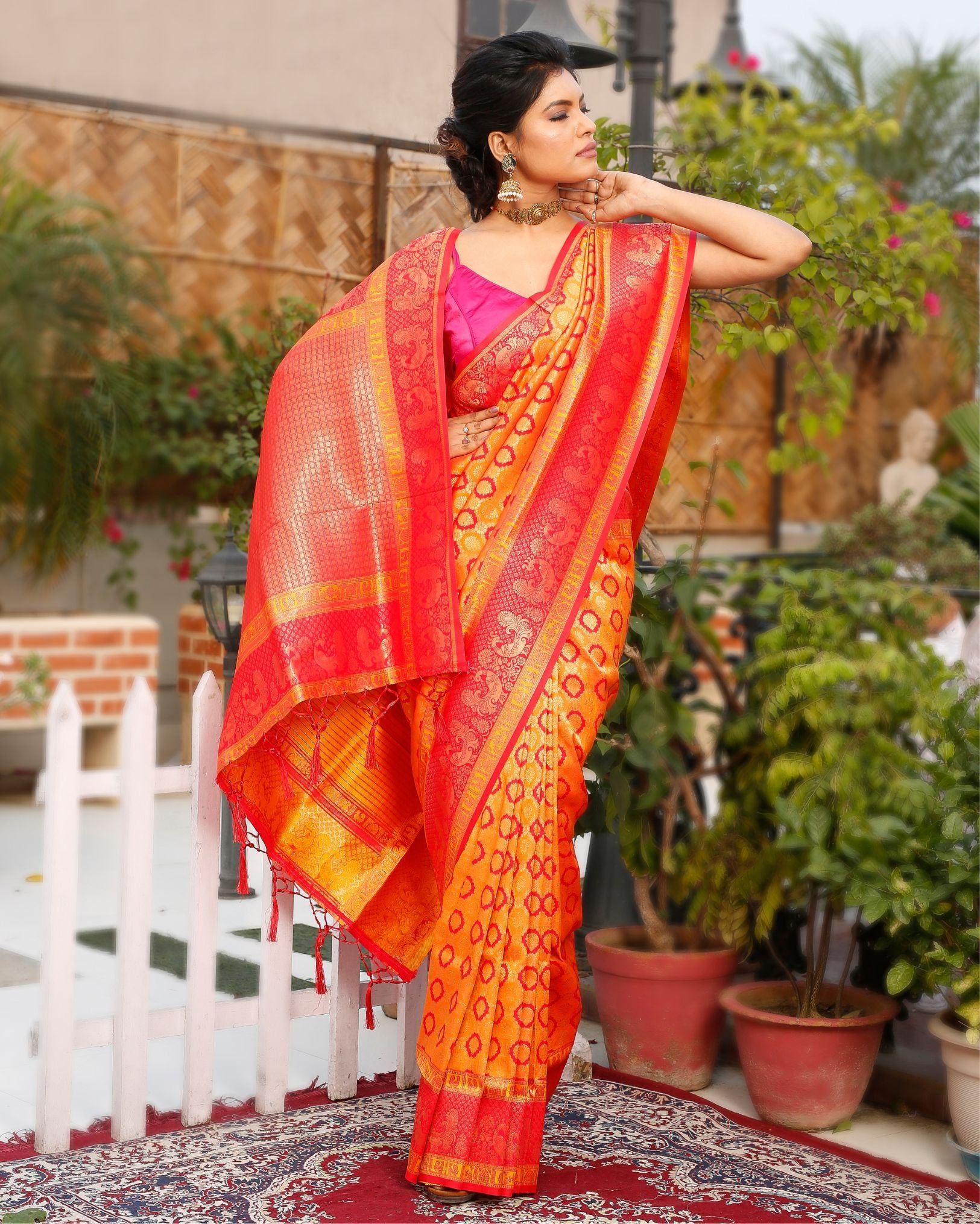Banarasi Silk Saree Bright Orange Color with Coral Red Pallu and blouse-6261