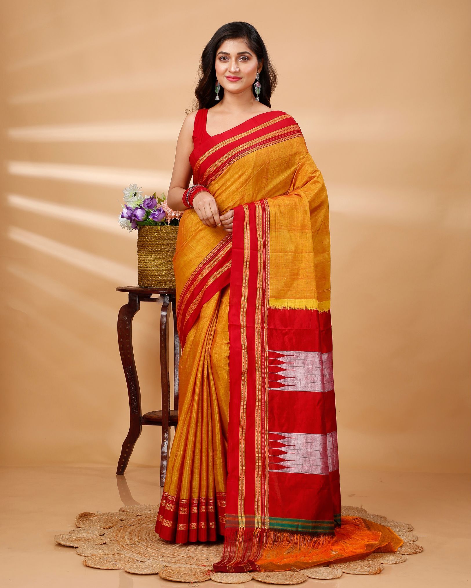 ILKAL Handloom Cotton Silk Saree Gajari Color with running blouse-8424