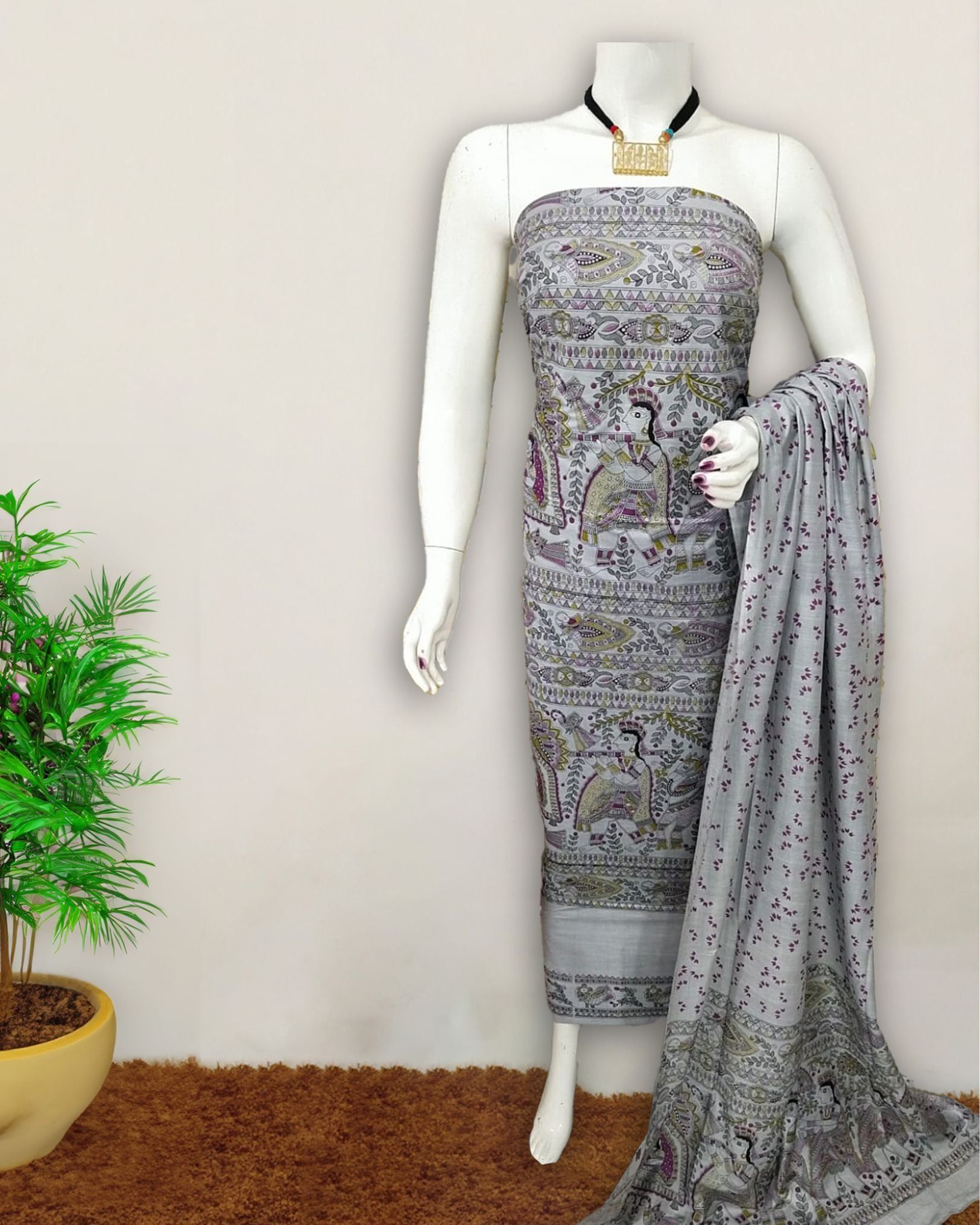 Katan Silk Suit Lavender Gray Color Madhubani Print-5834