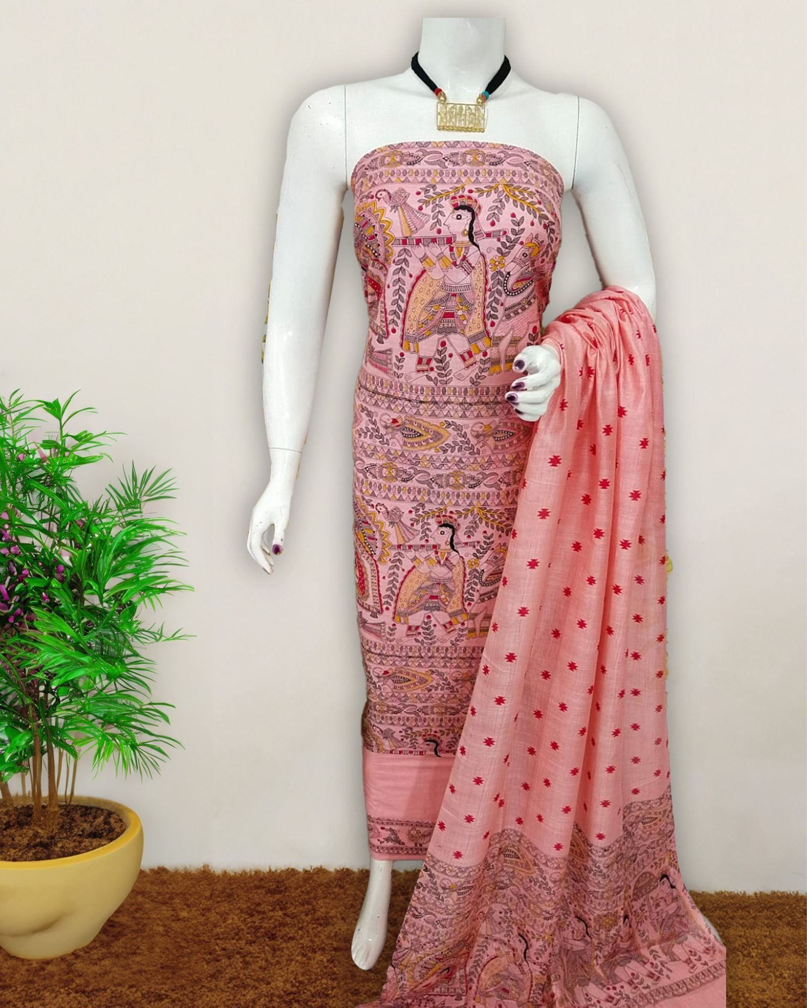 Katan Silk Suit Pale Rose Pink Color Madhubani Print-7924