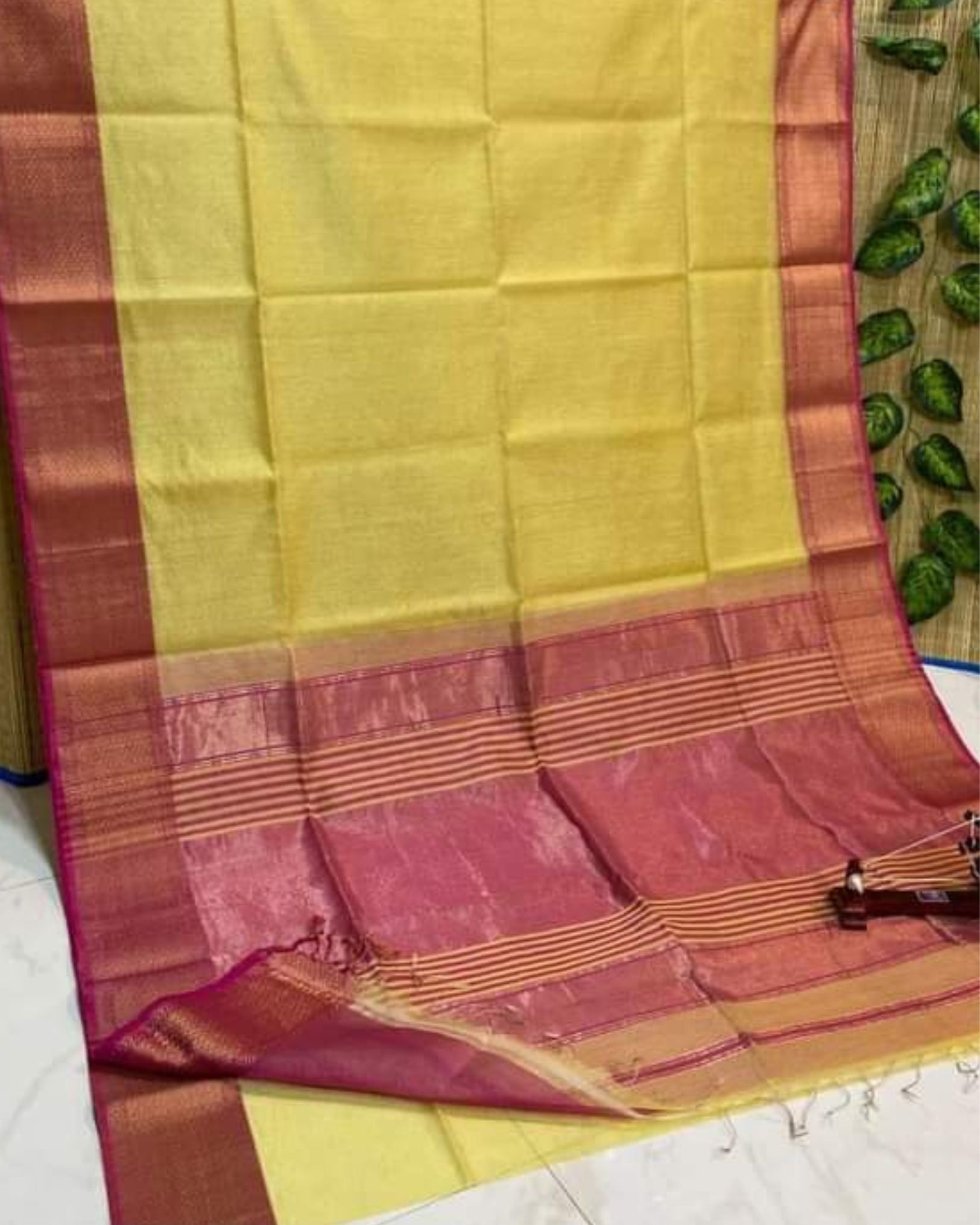 Pure Maheshwari Handwoven Tissue Silk Saree Golden Yellow Color with running blouse-8862