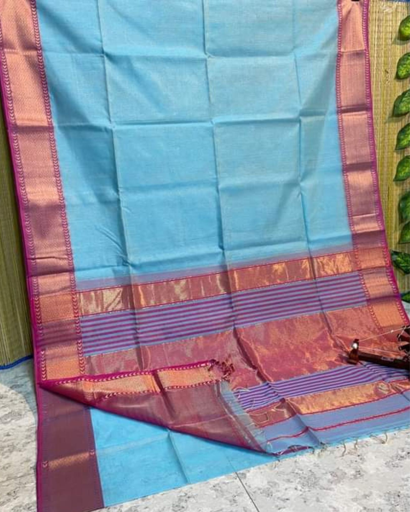 Pure Maheshwari Handwoven Tissue Silk Saree Pastel Blue Color with running blouse-2597