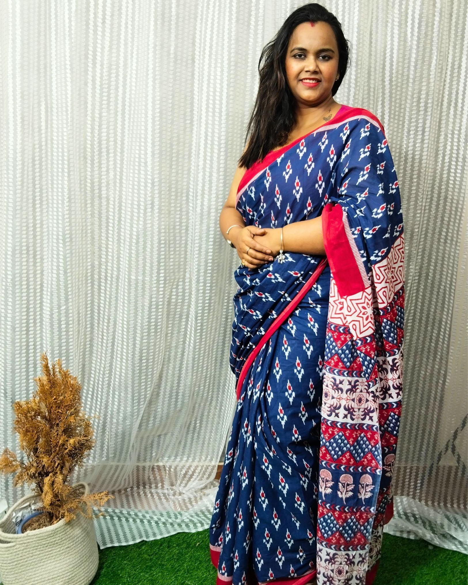 Mulmul Cotton Saree Royal Blue Color Handblock Printed with contrast blouse-6434