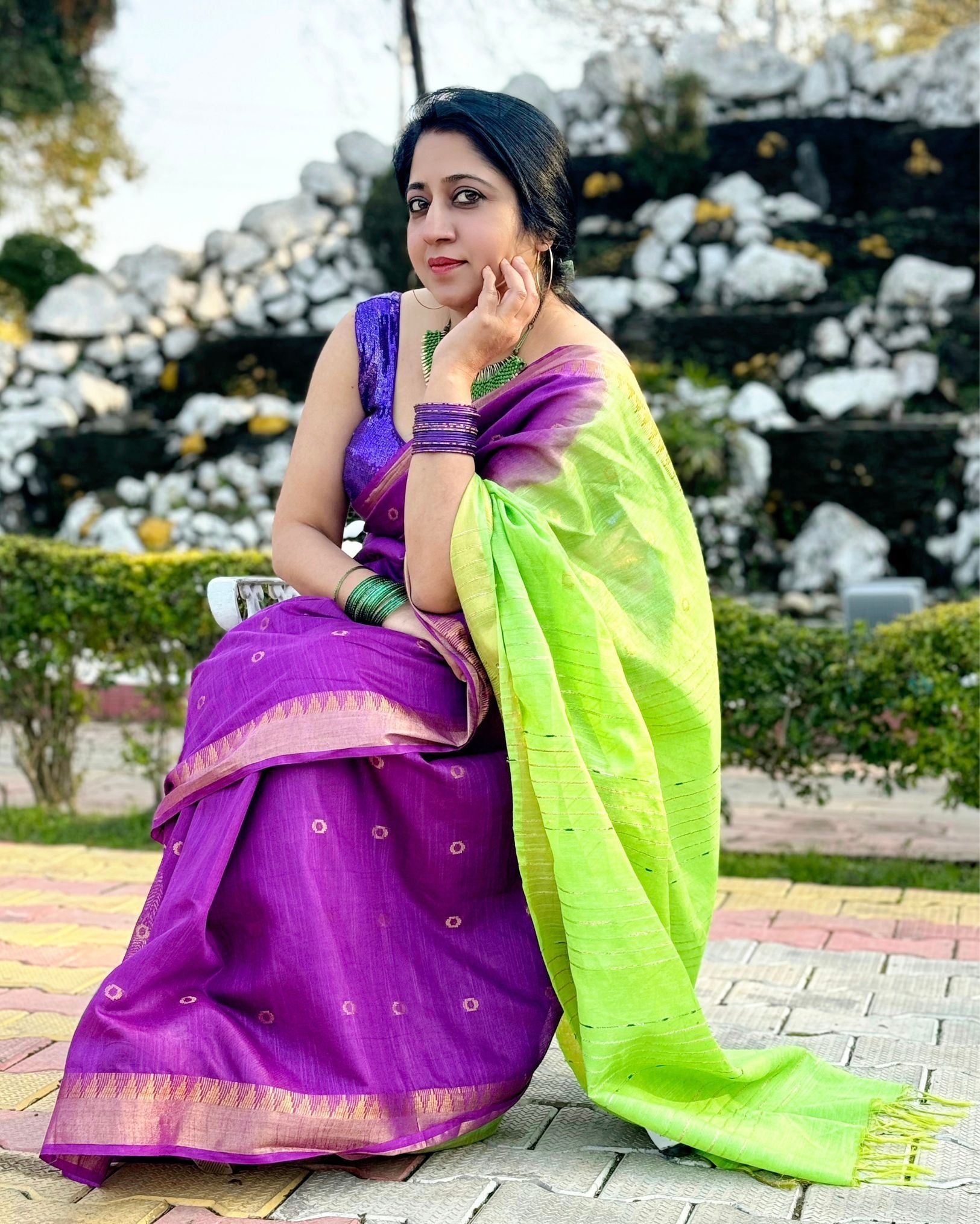Katan Silk Saree Purple and Green Color Banarasi Weaves with running blouse-8138