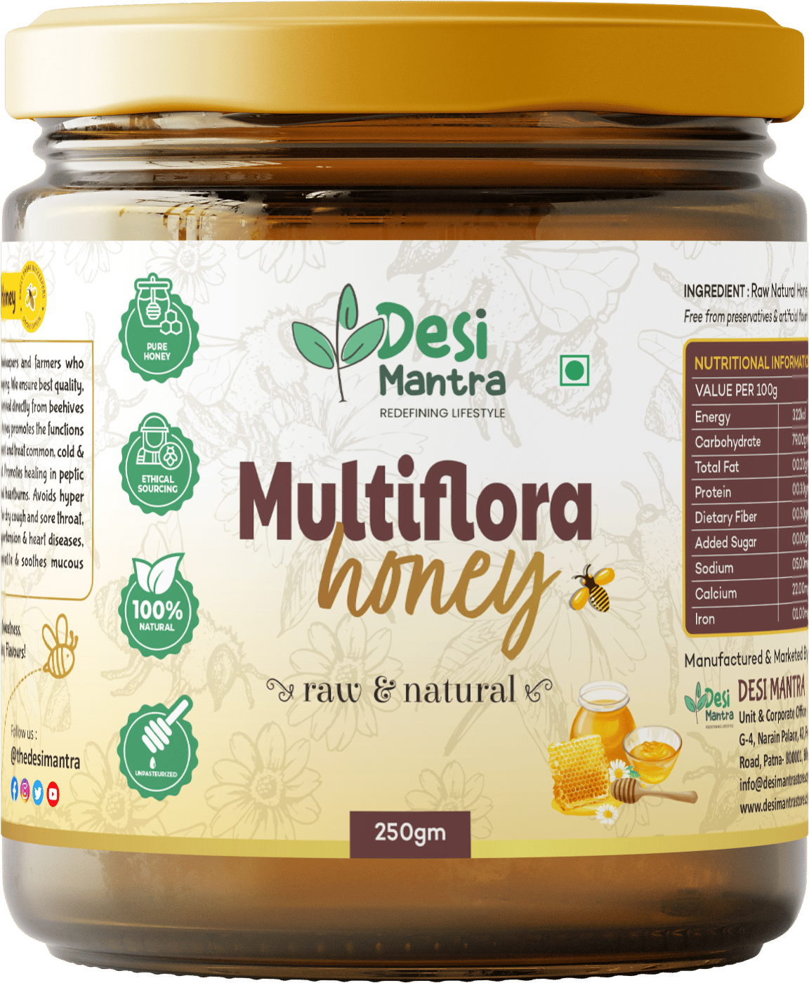 Desi Mantra's Pure Multi Flora Honey l 250g |Glass Jar